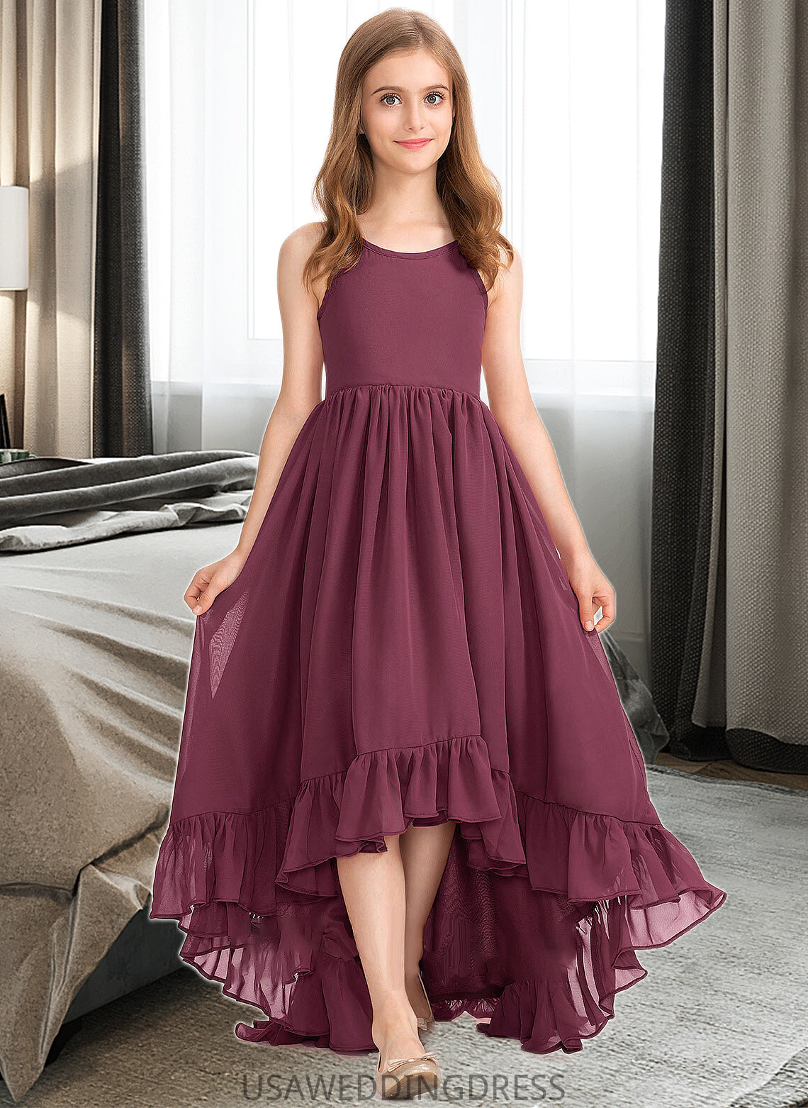 Mara A-Line Scoop Neck Asymmetrical Chiffon Junior Bridesmaid Dress With Bow(s) Cascading Ruffles DSP0013480