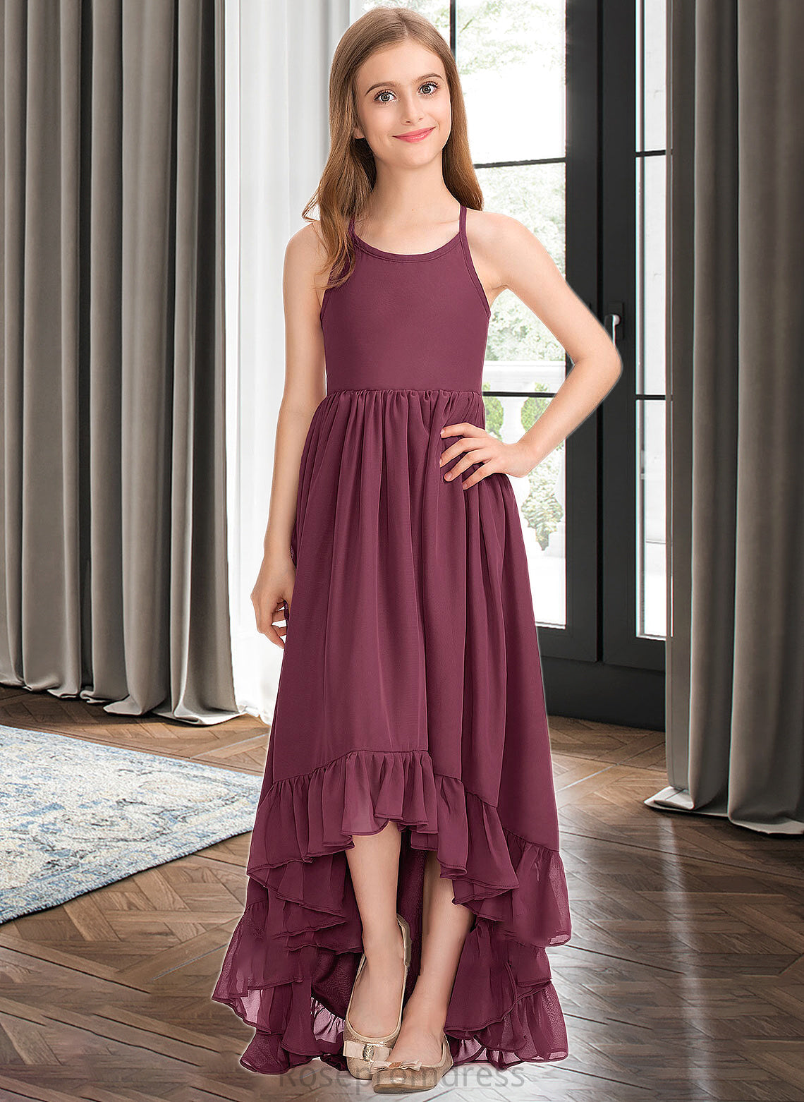 Myah A-Line Scoop Neck Asymmetrical Chiffon Junior Bridesmaid Dress With Bow(s) Cascading Ruffles SRSP0013480