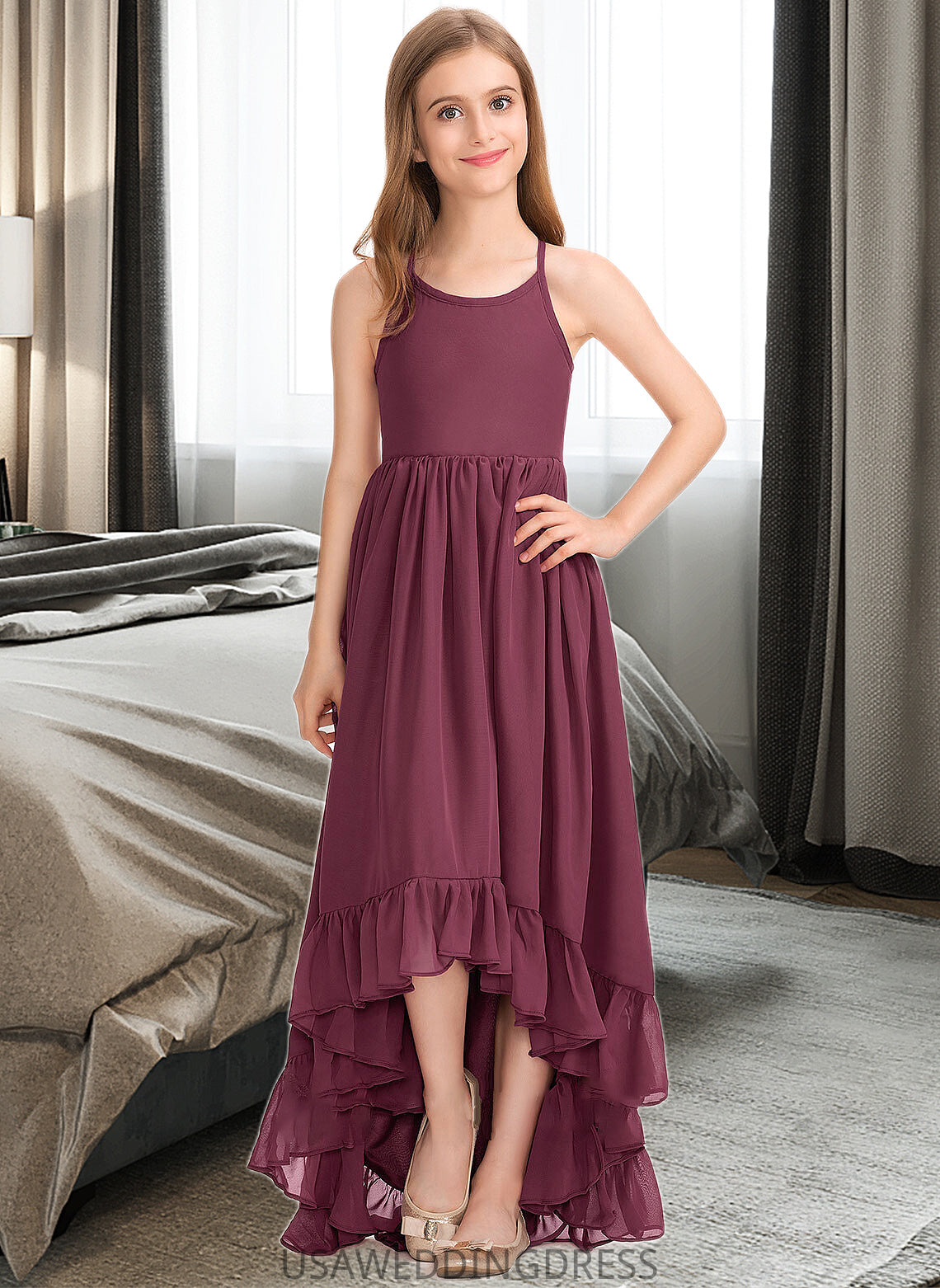 Mara A-Line Scoop Neck Asymmetrical Chiffon Junior Bridesmaid Dress With Bow(s) Cascading Ruffles DSP0013480