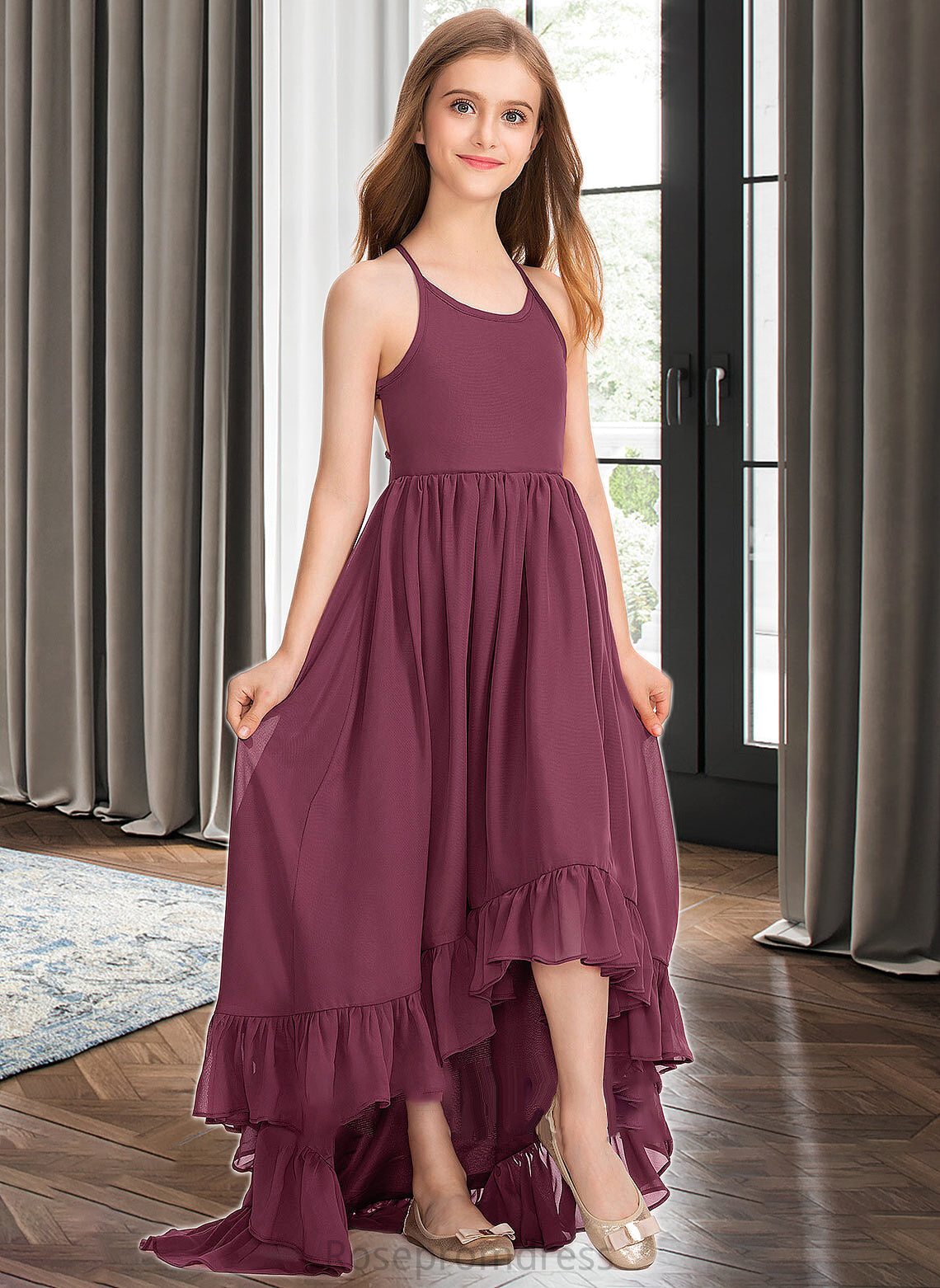 Myah A-Line Scoop Neck Asymmetrical Chiffon Junior Bridesmaid Dress With Bow(s) Cascading Ruffles SRSP0013480