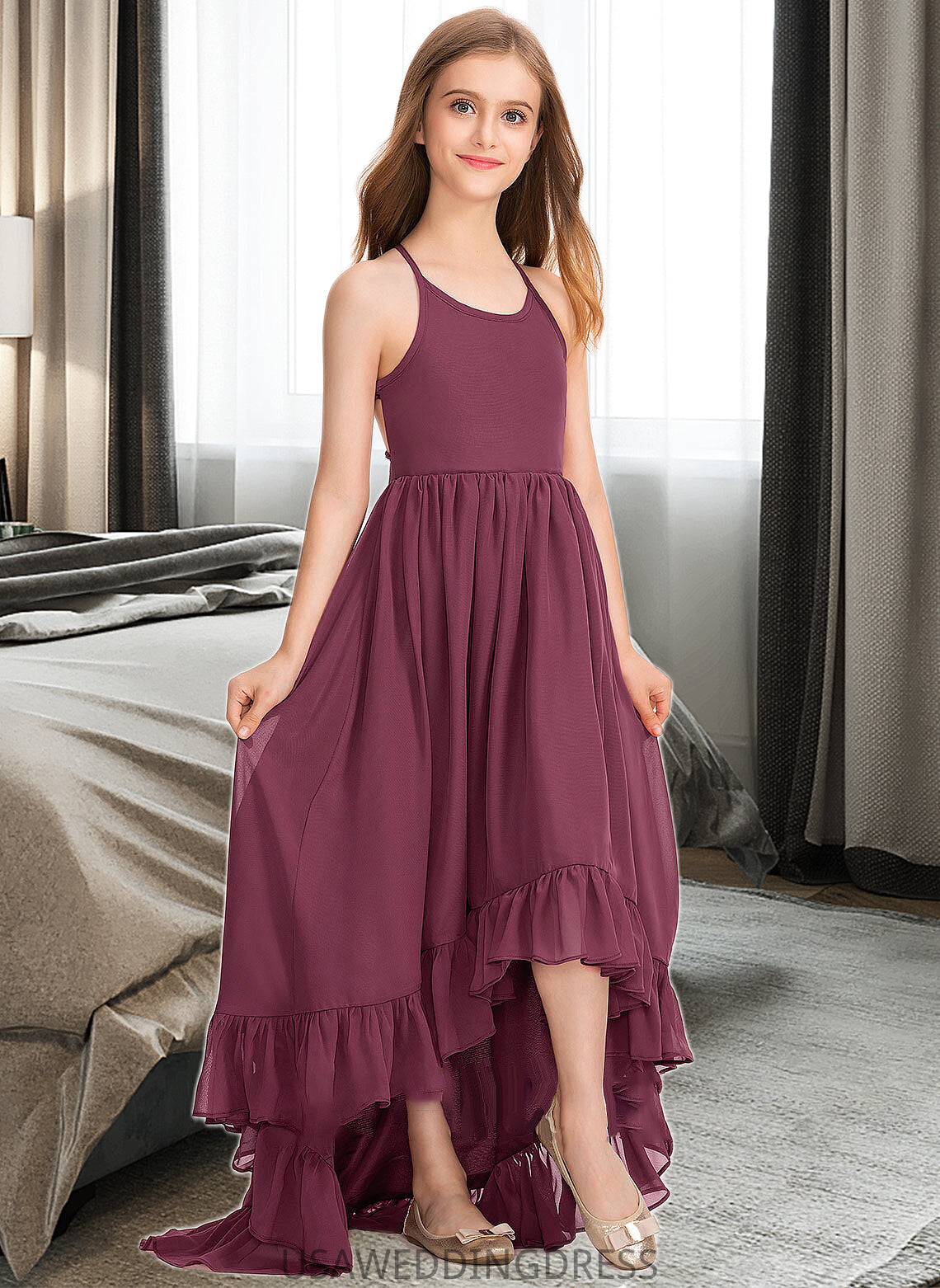 Mara A-Line Scoop Neck Asymmetrical Chiffon Junior Bridesmaid Dress With Bow(s) Cascading Ruffles DSP0013480