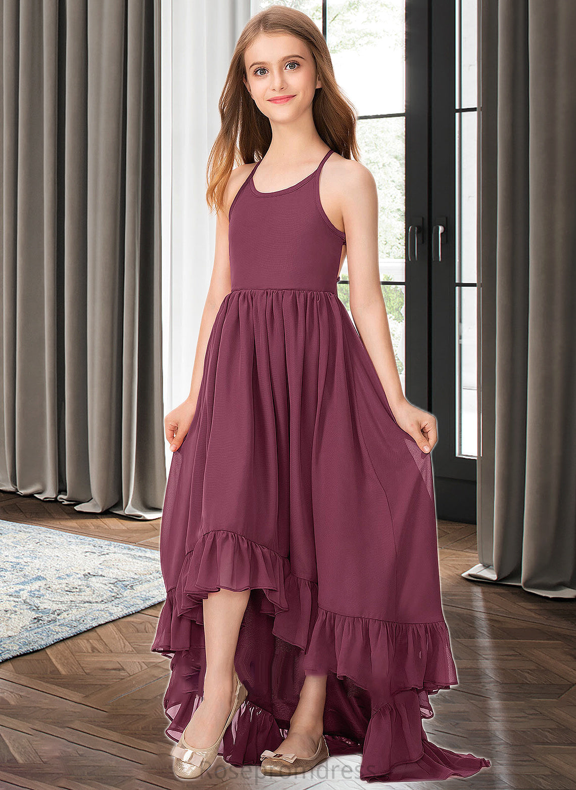 Myah A-Line Scoop Neck Asymmetrical Chiffon Junior Bridesmaid Dress With Bow(s) Cascading Ruffles SRSP0013480