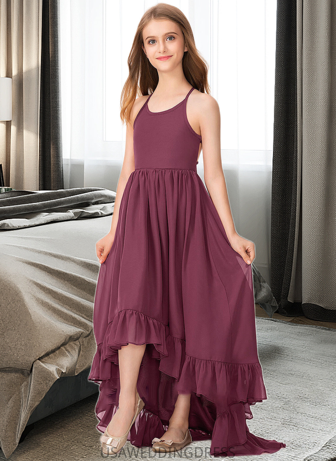 Mara A-Line Scoop Neck Asymmetrical Chiffon Junior Bridesmaid Dress With Bow(s) Cascading Ruffles DSP0013480