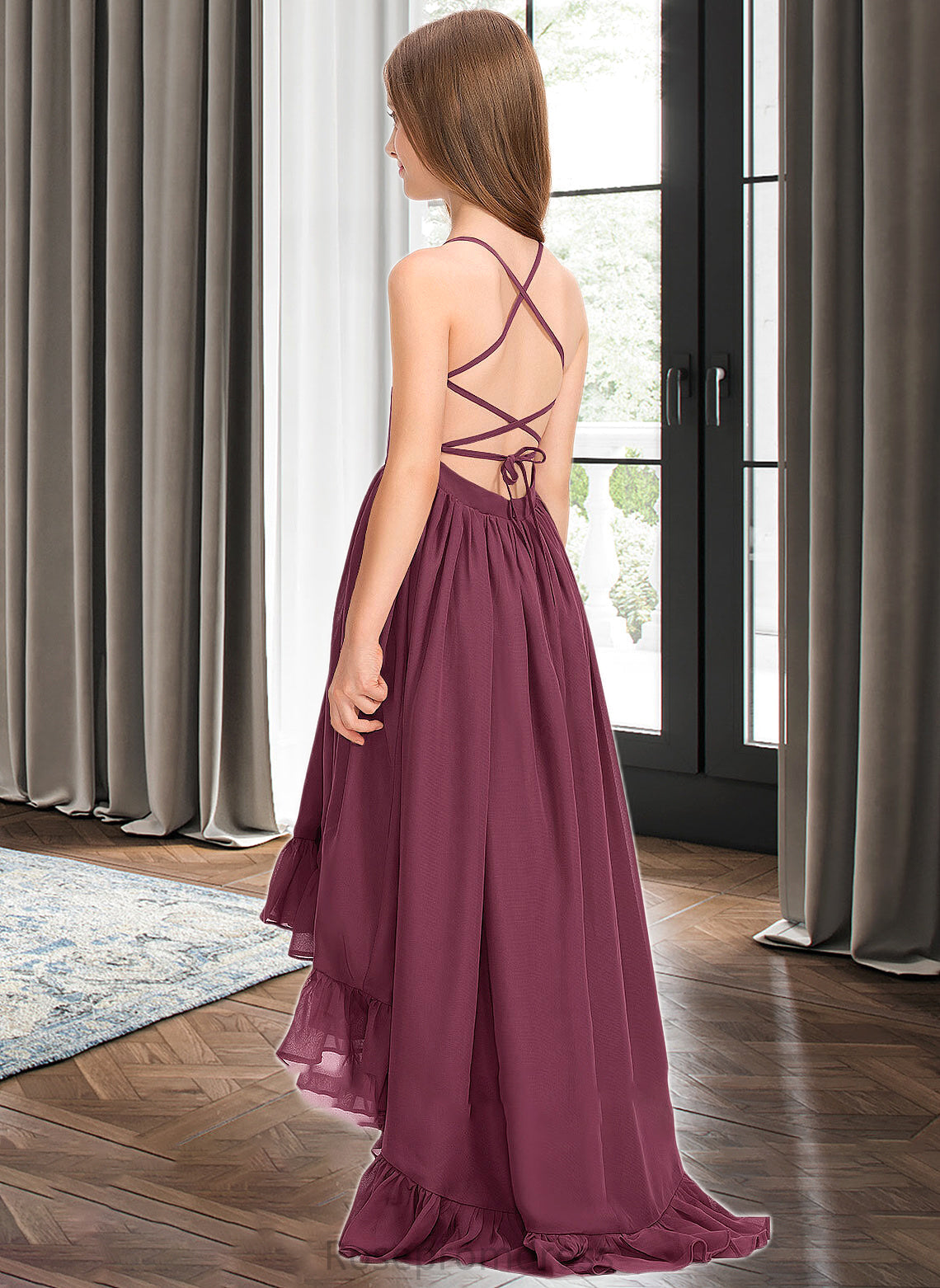 Myah A-Line Scoop Neck Asymmetrical Chiffon Junior Bridesmaid Dress With Bow(s) Cascading Ruffles SRSP0013480