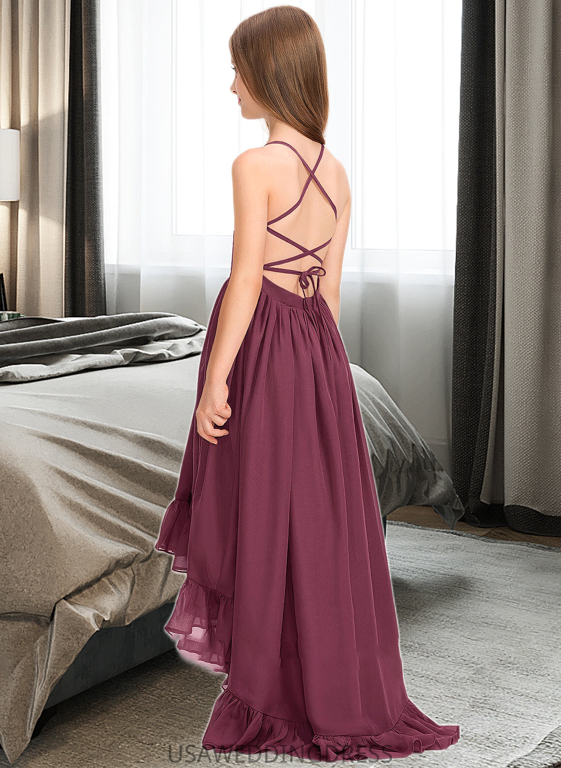 Mara A-Line Scoop Neck Asymmetrical Chiffon Junior Bridesmaid Dress With Bow(s) Cascading Ruffles DSP0013480