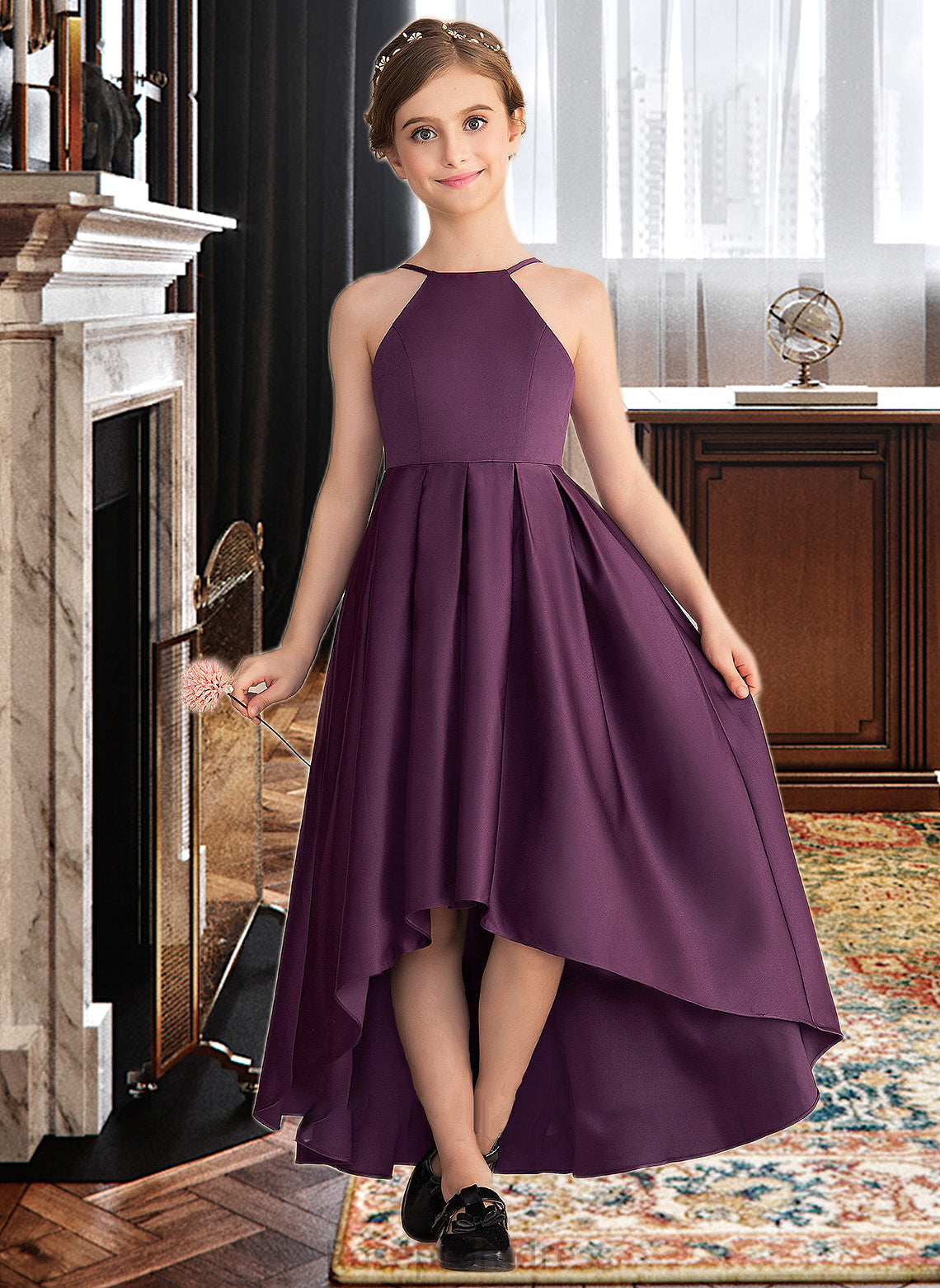 Vivienne A-Line Scoop Neck Asymmetrical Satin Junior Bridesmaid Dress With Ruffle SRSP0013481