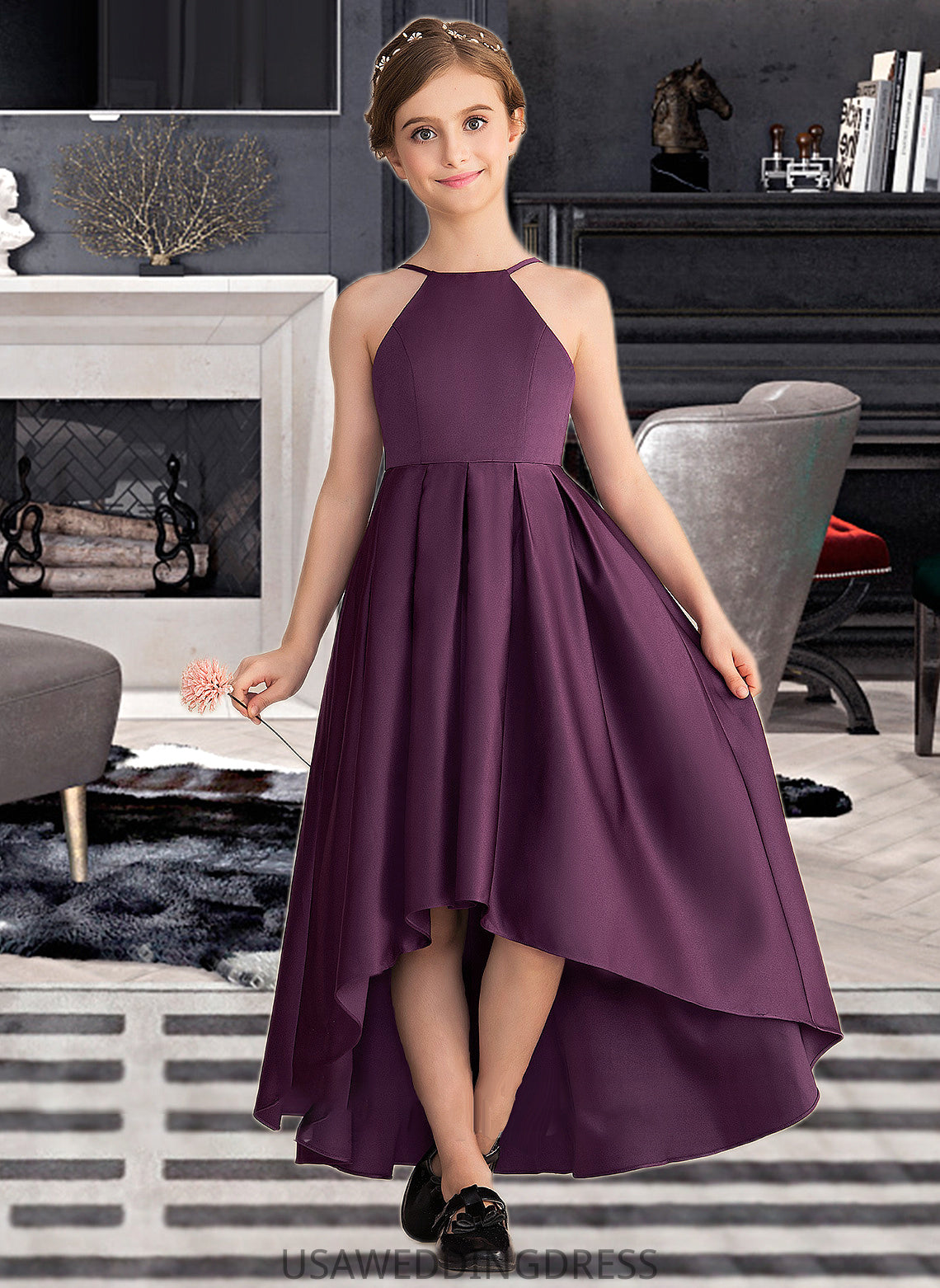 Alondra A-Line Scoop Neck Asymmetrical Satin Junior Bridesmaid Dress With Ruffle DSP0013481