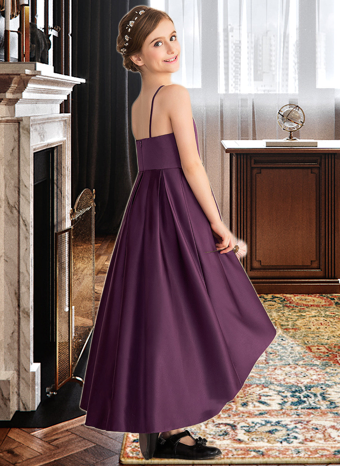 Vivienne A-Line Scoop Neck Asymmetrical Satin Junior Bridesmaid Dress With Ruffle SRSP0013481