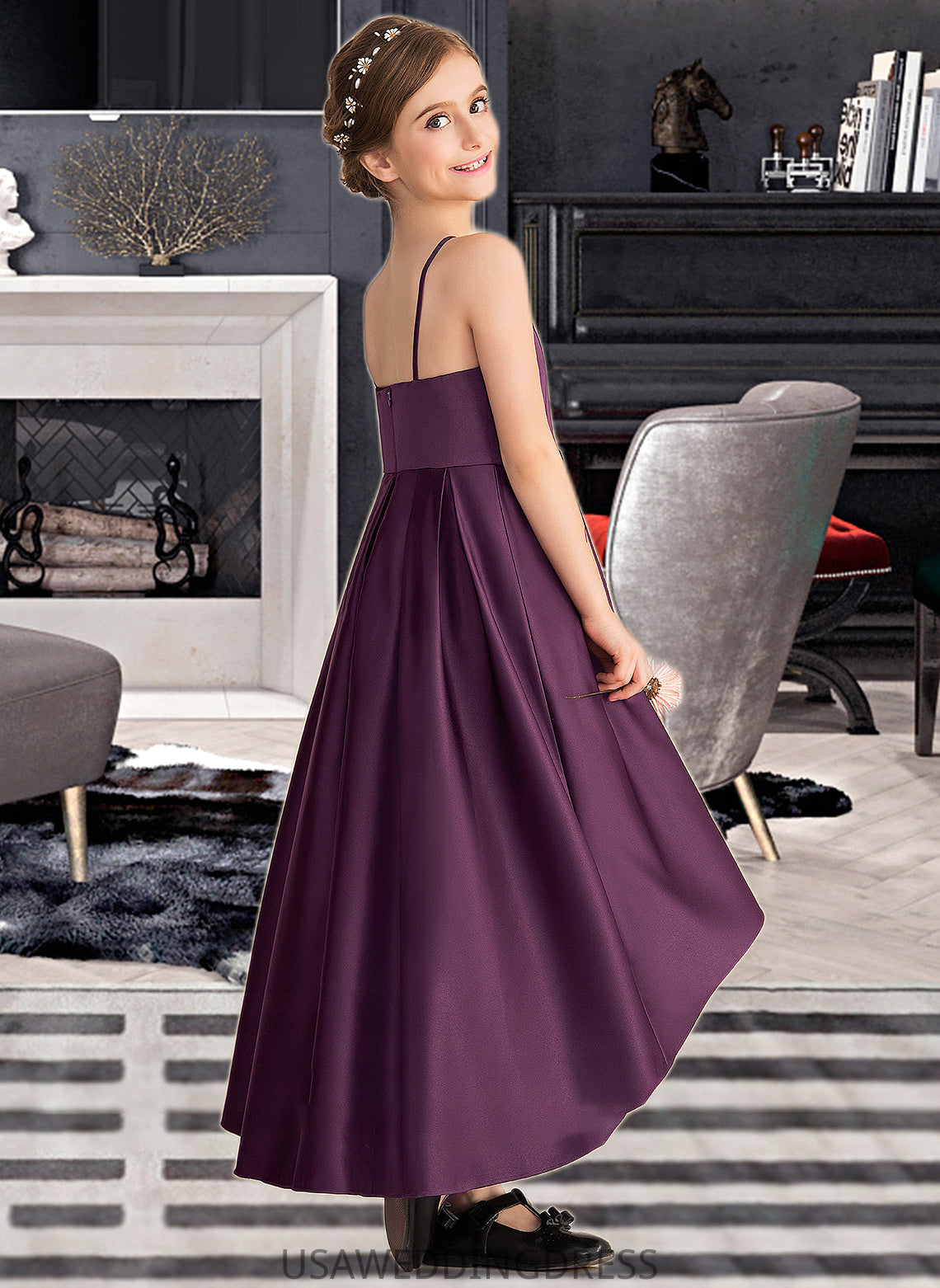 Alondra A-Line Scoop Neck Asymmetrical Satin Junior Bridesmaid Dress With Ruffle DSP0013481