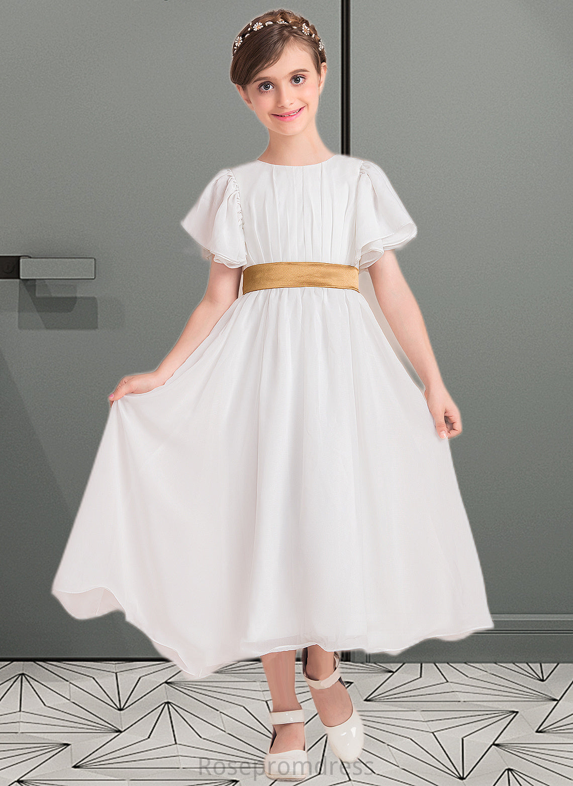 Maya A-Line Scoop Neck Tea-Length Chiffon Junior Bridesmaid Dress With Ruffle Sash SRSP0013482