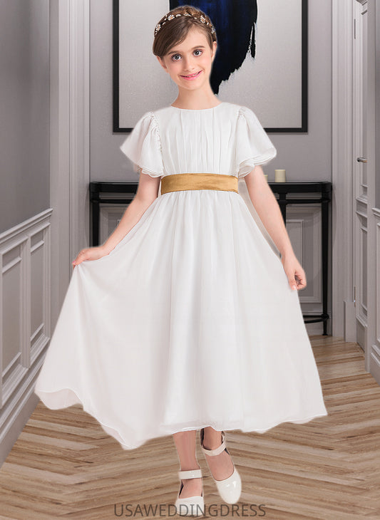 Ashly A-Line Scoop Neck Tea-Length Chiffon Junior Bridesmaid Dress With Ruffle Sash DSP0013482