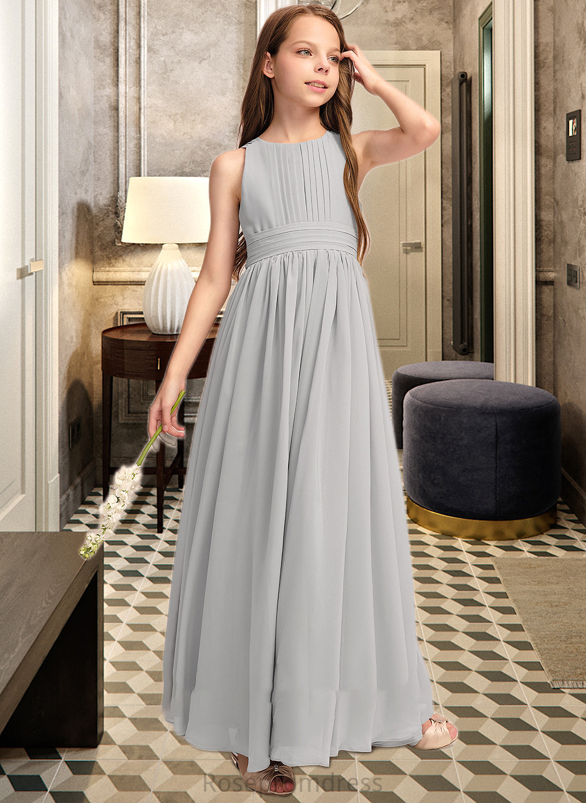 Norma A-Line Scoop Neck Floor-Length Chiffon Junior Bridesmaid Dress With Ruffle Bow(s) SRSP0013483