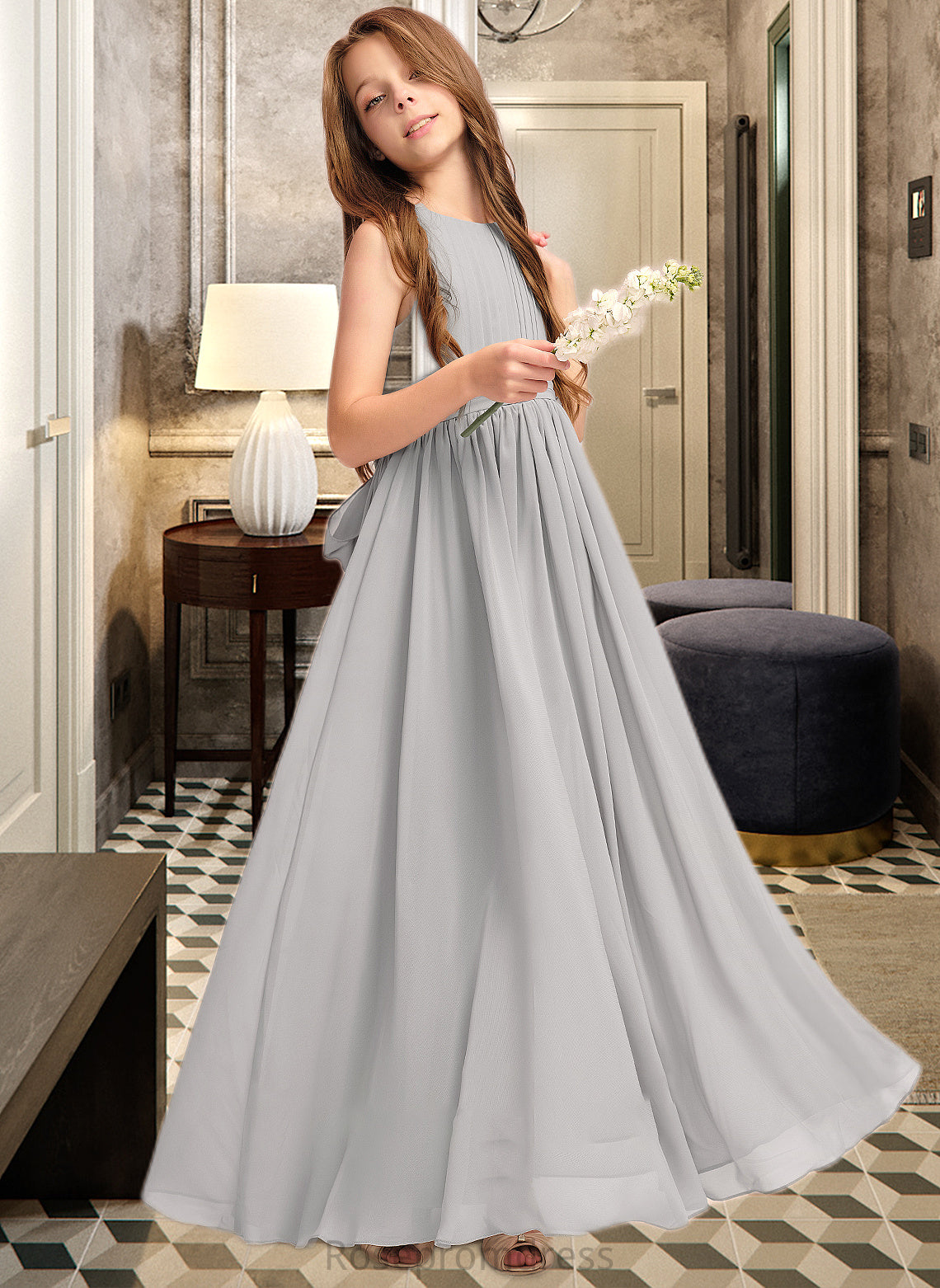 Norma A-Line Scoop Neck Floor-Length Chiffon Junior Bridesmaid Dress With Ruffle Bow(s) SRSP0013483