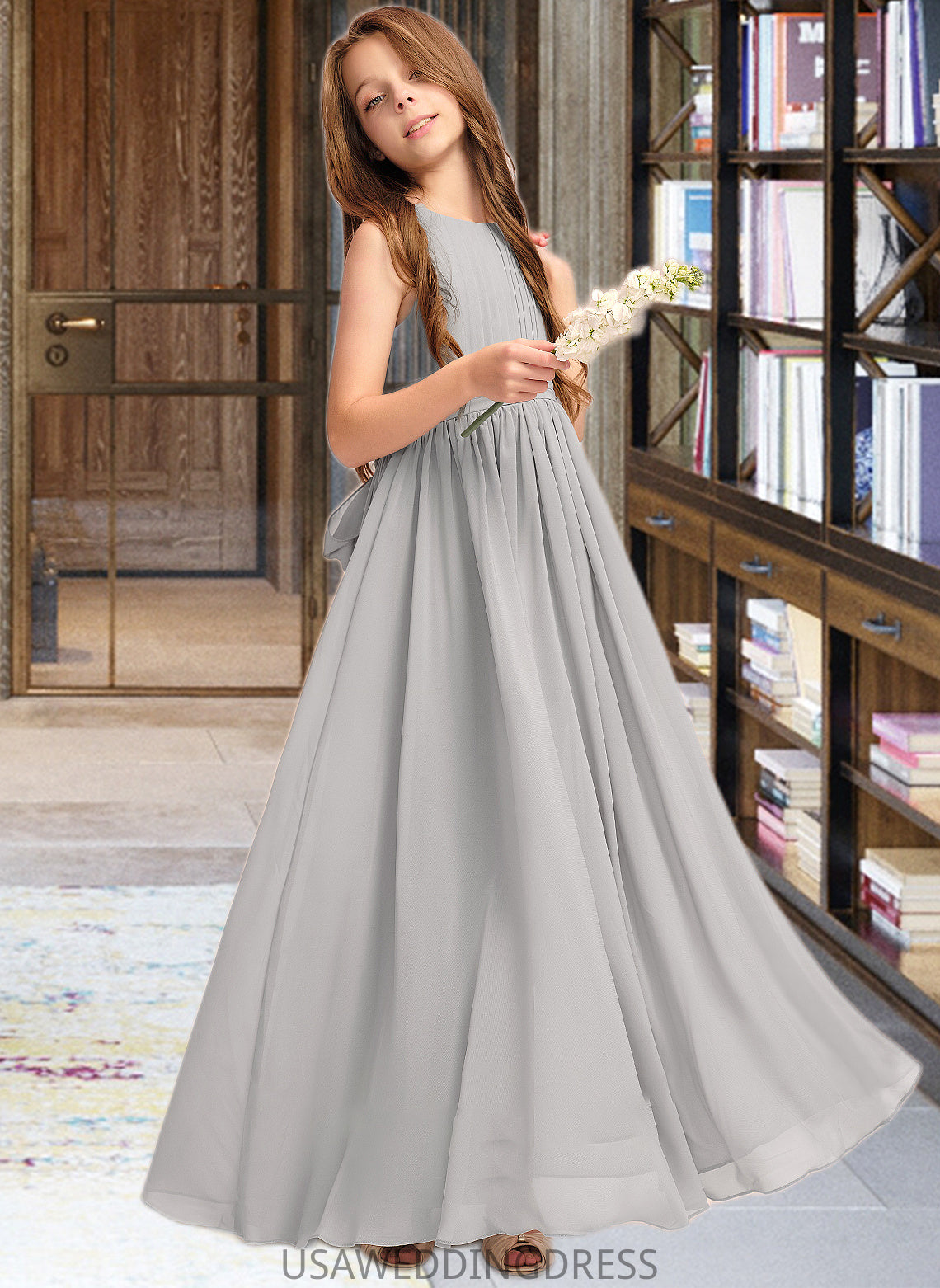 Aria A-Line Scoop Neck Floor-Length Chiffon Junior Bridesmaid Dress With Ruffle Bow(s) DSP0013483