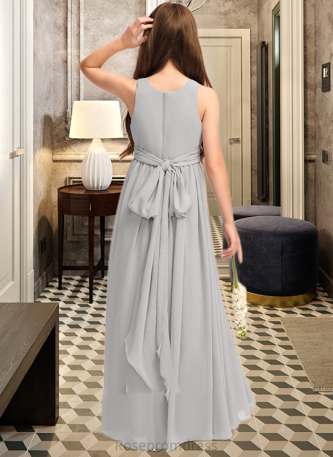 Norma A-Line Scoop Neck Floor-Length Chiffon Junior Bridesmaid Dress With Ruffle Bow(s) SRSP0013483