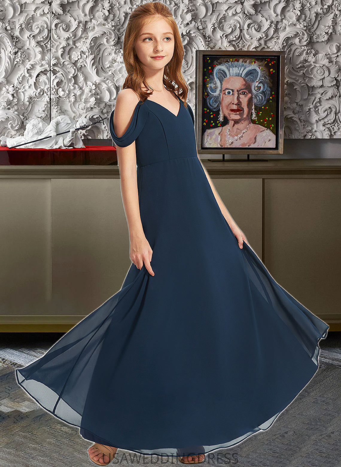 Madalyn A-Line Off-the-Shoulder Floor-Length Chiffon Junior Bridesmaid Dress DSP0013485