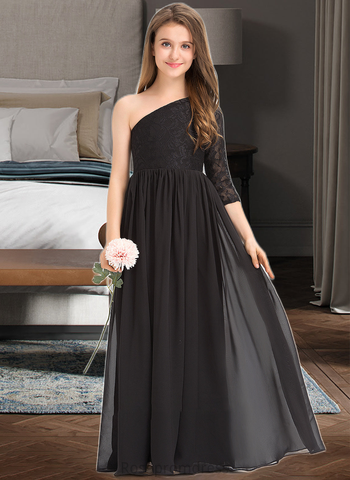 Jayleen A-Line One-Shoulder Floor-Length Chiffon Lace Junior Bridesmaid Dress SRSP0013486