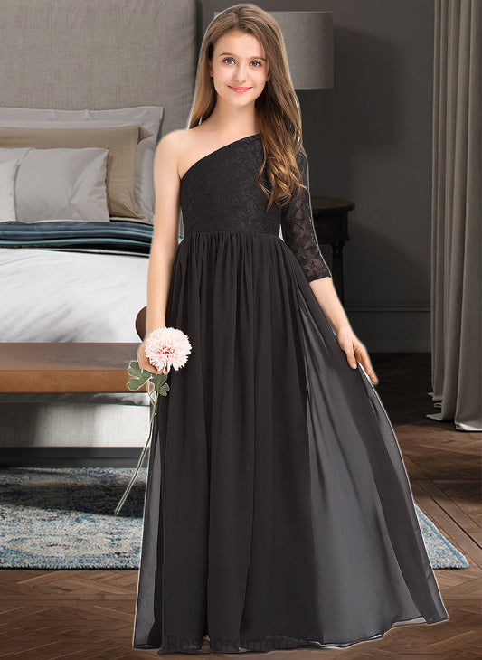 Jayleen A-Line One-Shoulder Floor-Length Chiffon Lace Junior Bridesmaid Dress SRSP0013486