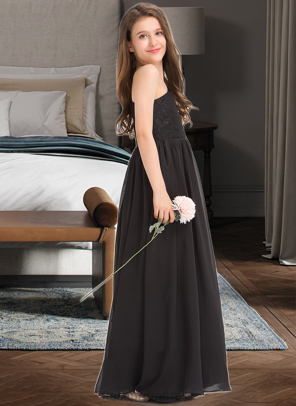 Jayleen A-Line One-Shoulder Floor-Length Chiffon Lace Junior Bridesmaid Dress SRSP0013486