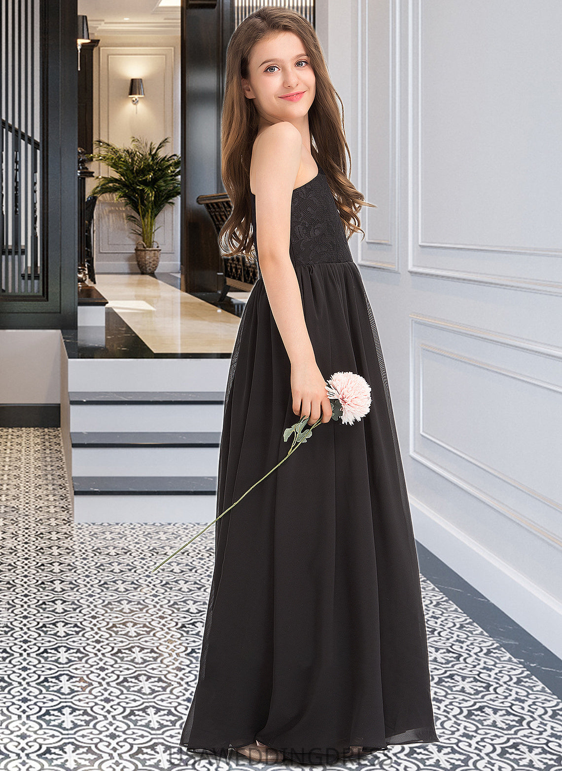 Marissa A-Line One-Shoulder Floor-Length Chiffon Lace Junior Bridesmaid Dress DSP0013486