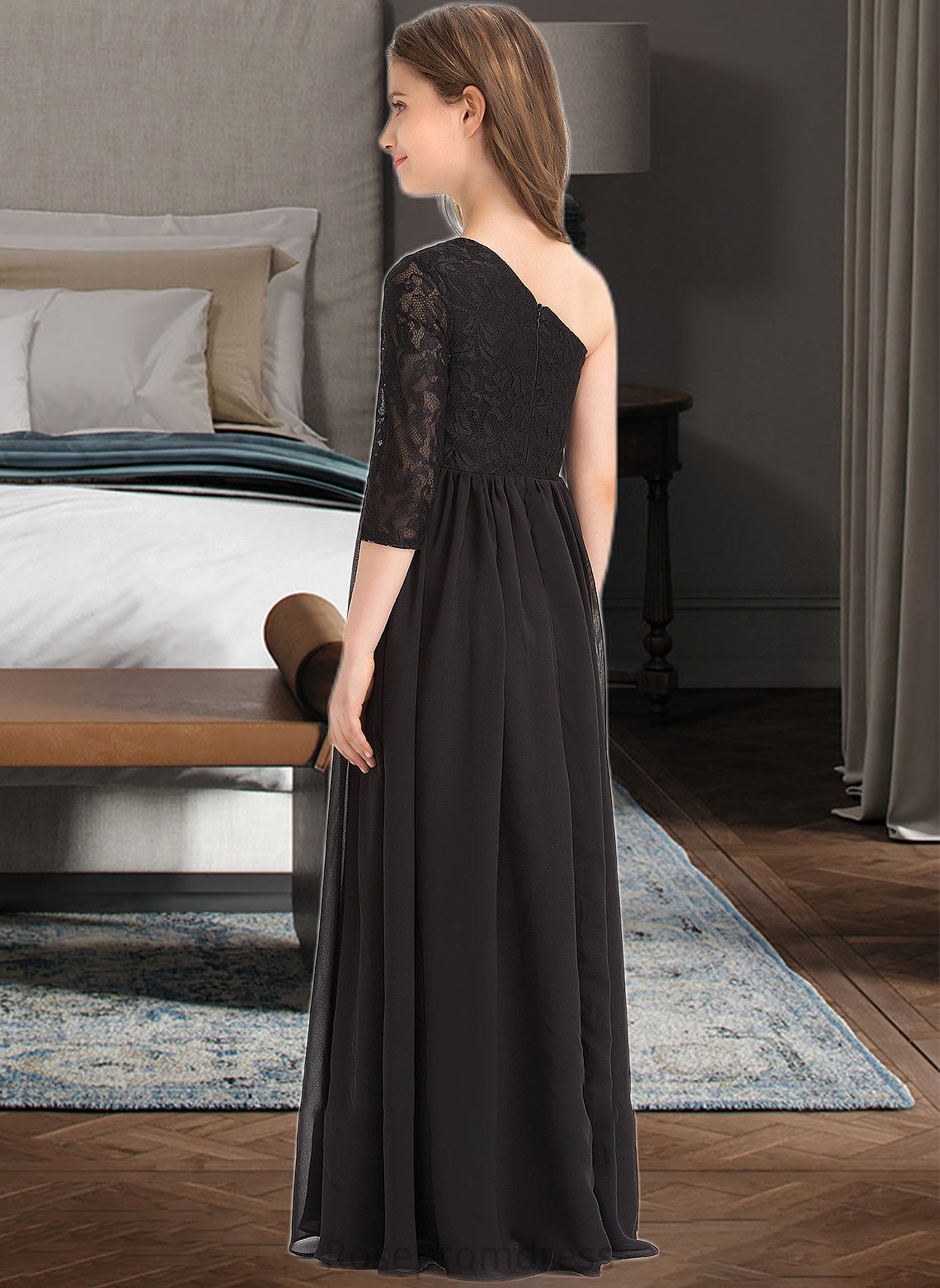 Jayleen A-Line One-Shoulder Floor-Length Chiffon Lace Junior Bridesmaid Dress SRSP0013486