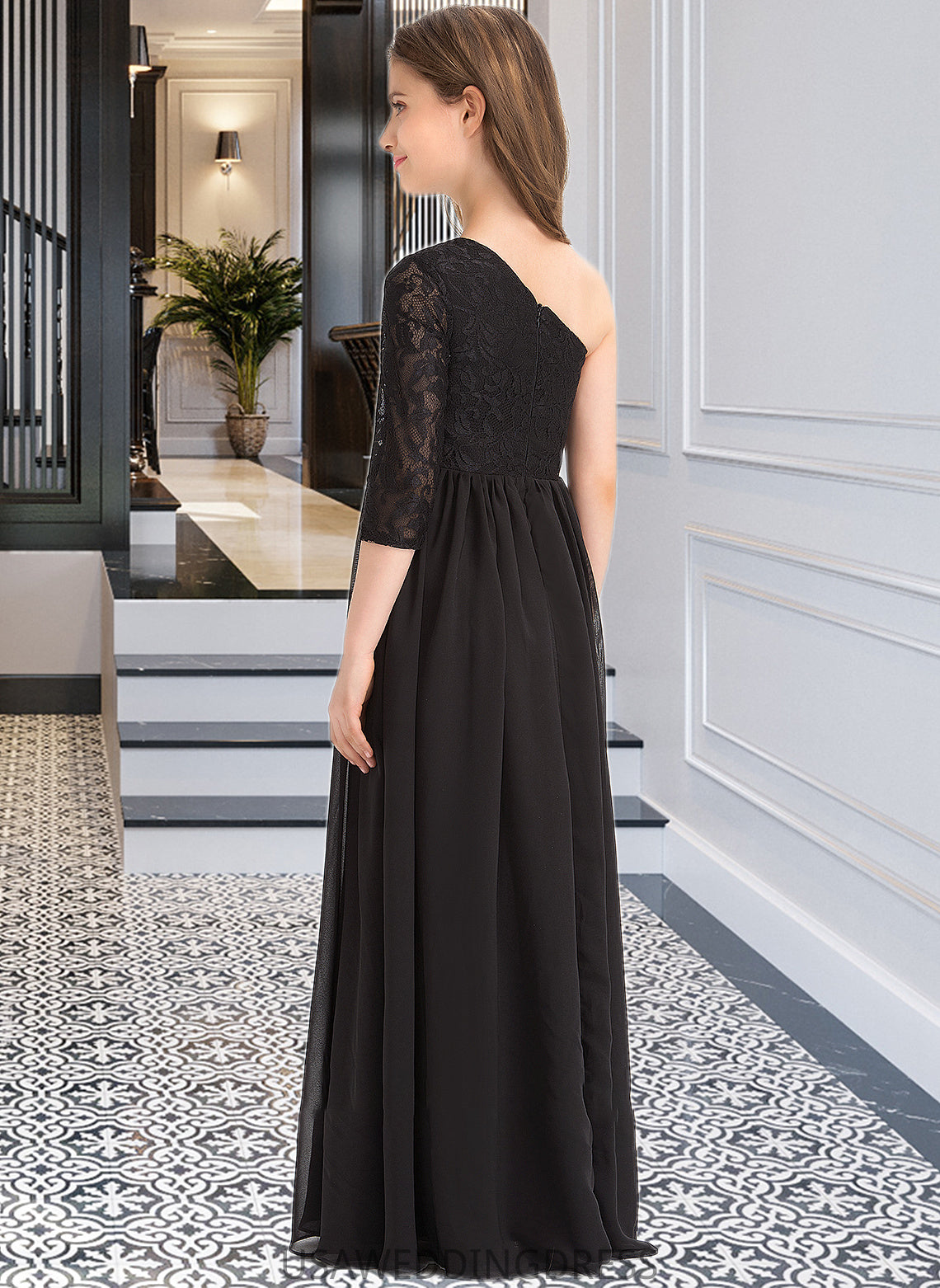 Marissa A-Line One-Shoulder Floor-Length Chiffon Lace Junior Bridesmaid Dress DSP0013486