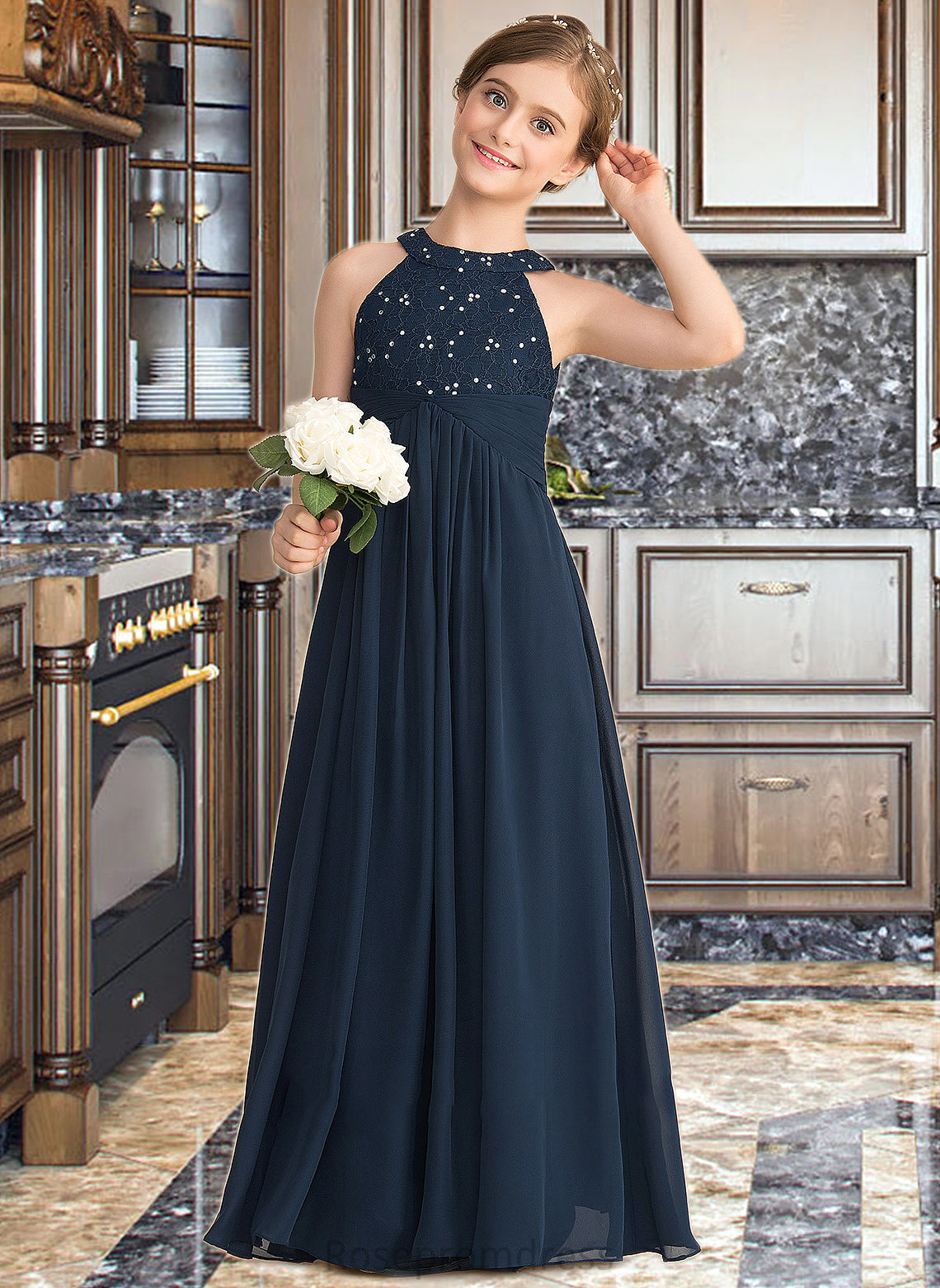 Sophia A-Line Scoop Neck Floor-Length Chiffon Lace Junior Bridesmaid Dress With Ruffle Beading SRSP0013488