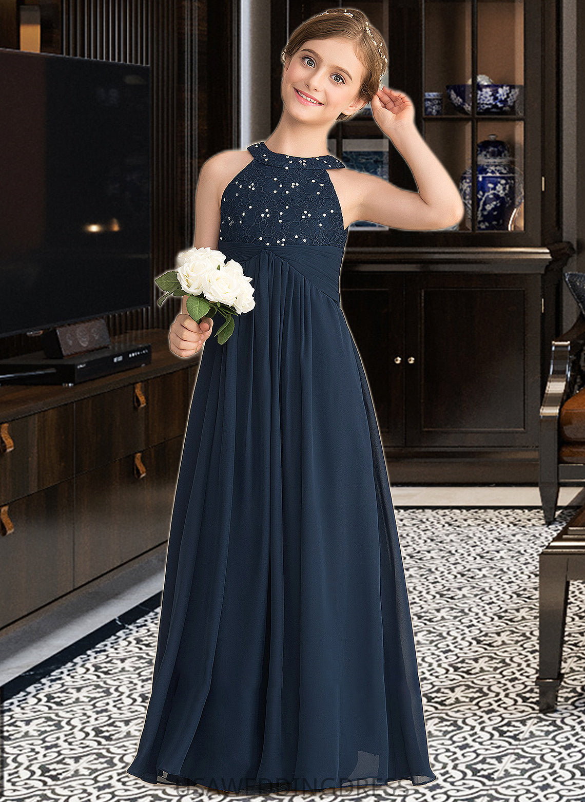 Kaila A-Line Scoop Neck Floor-Length Chiffon Lace Junior Bridesmaid Dress With Ruffle Beading DSP0013488