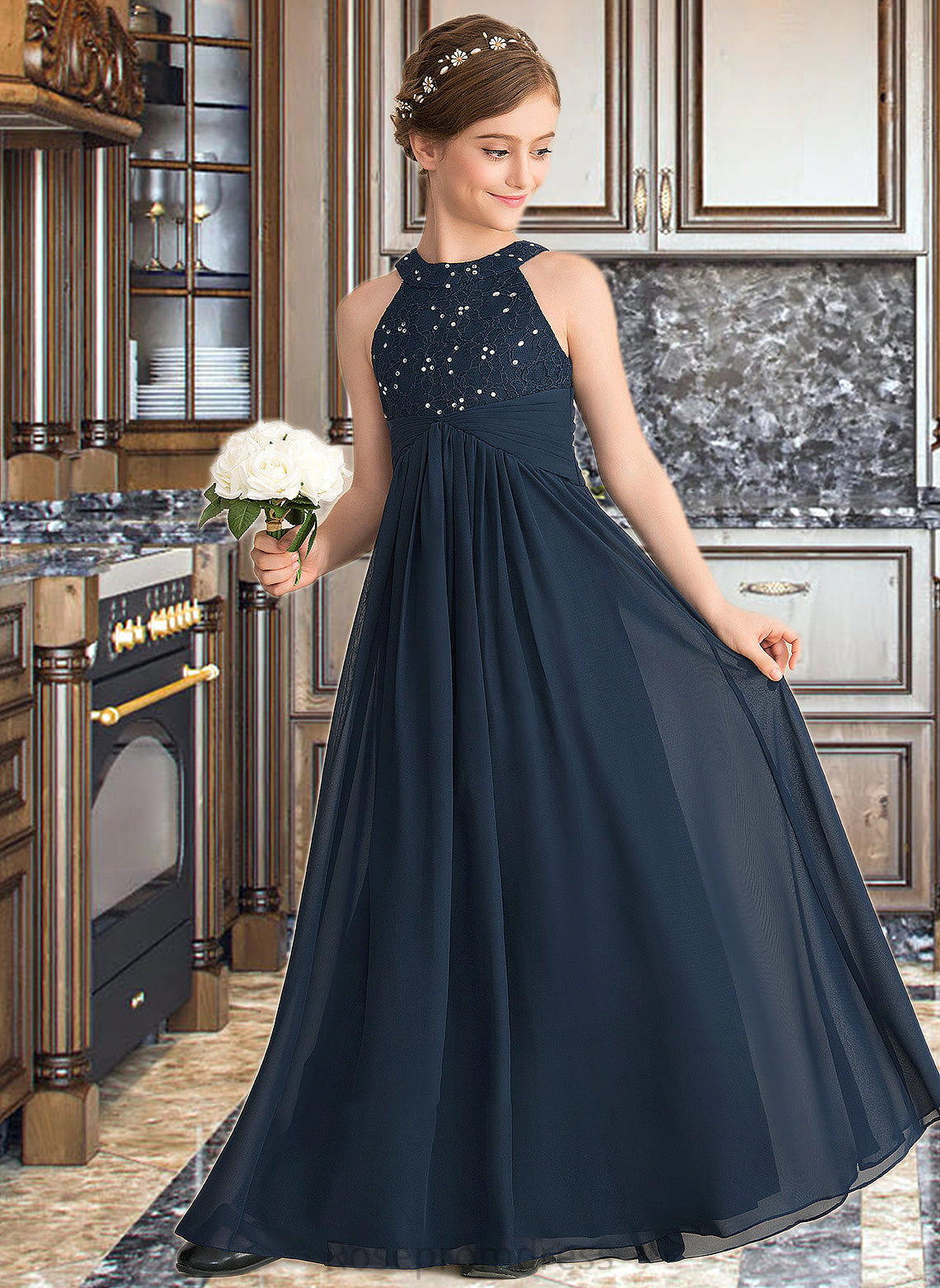 Sophia A-Line Scoop Neck Floor-Length Chiffon Lace Junior Bridesmaid Dress With Ruffle Beading SRSP0013488