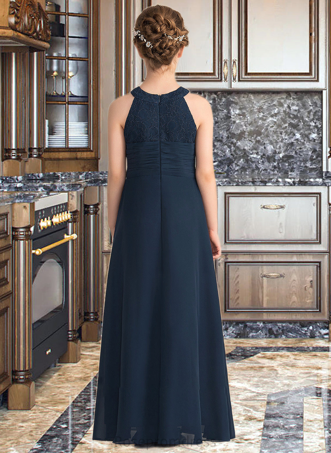 Sophia A-Line Scoop Neck Floor-Length Chiffon Lace Junior Bridesmaid Dress With Ruffle Beading SRSP0013488