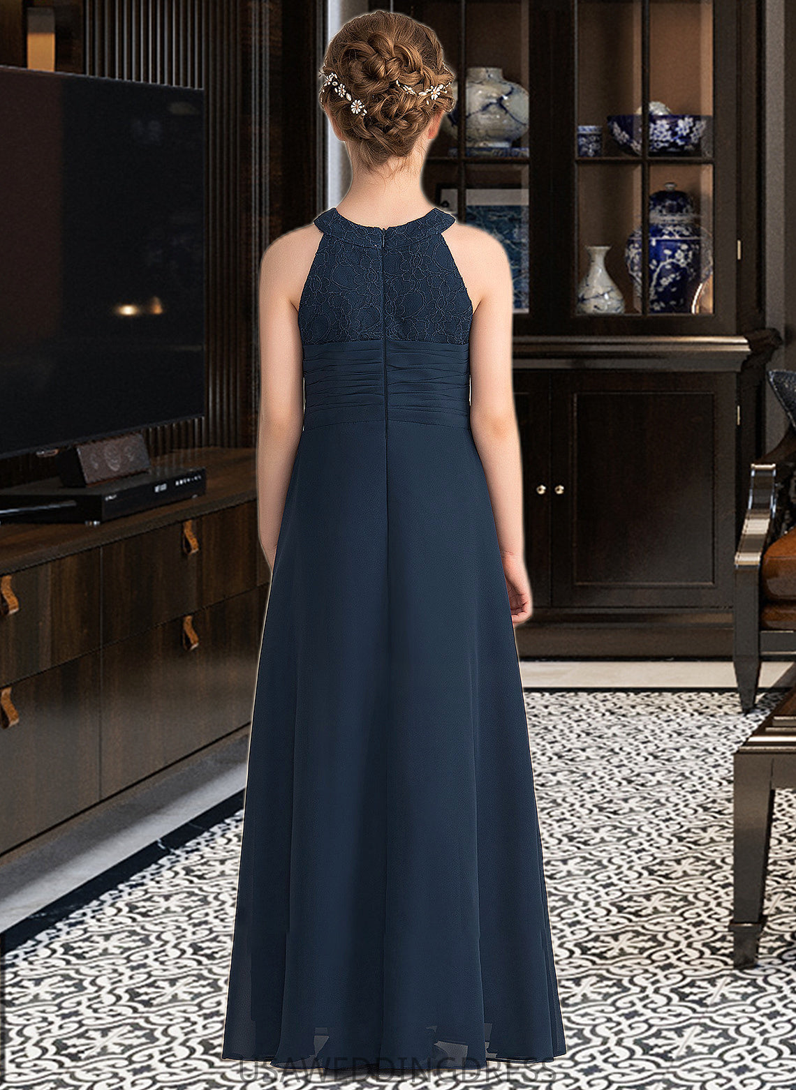 Kaila A-Line Scoop Neck Floor-Length Chiffon Lace Junior Bridesmaid Dress With Ruffle Beading DSP0013488