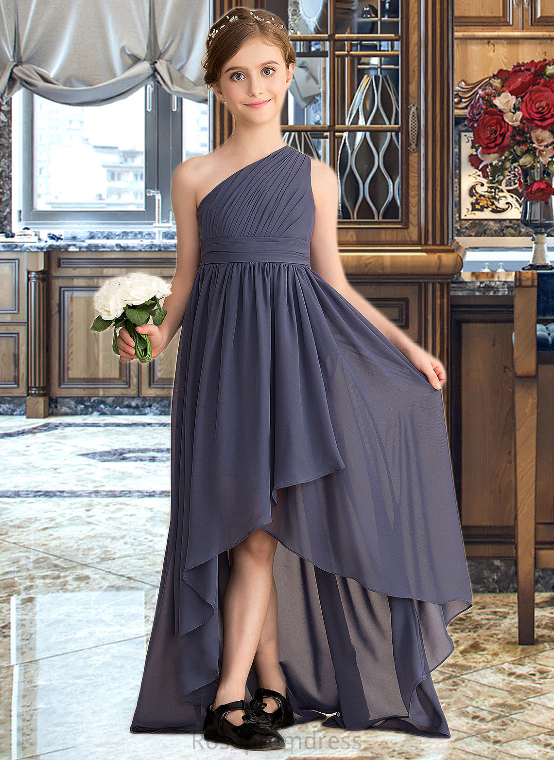 Adalynn A-Line One-Shoulder Asymmetrical Chiffon Junior Bridesmaid Dress With Ruffle SRSP0013489