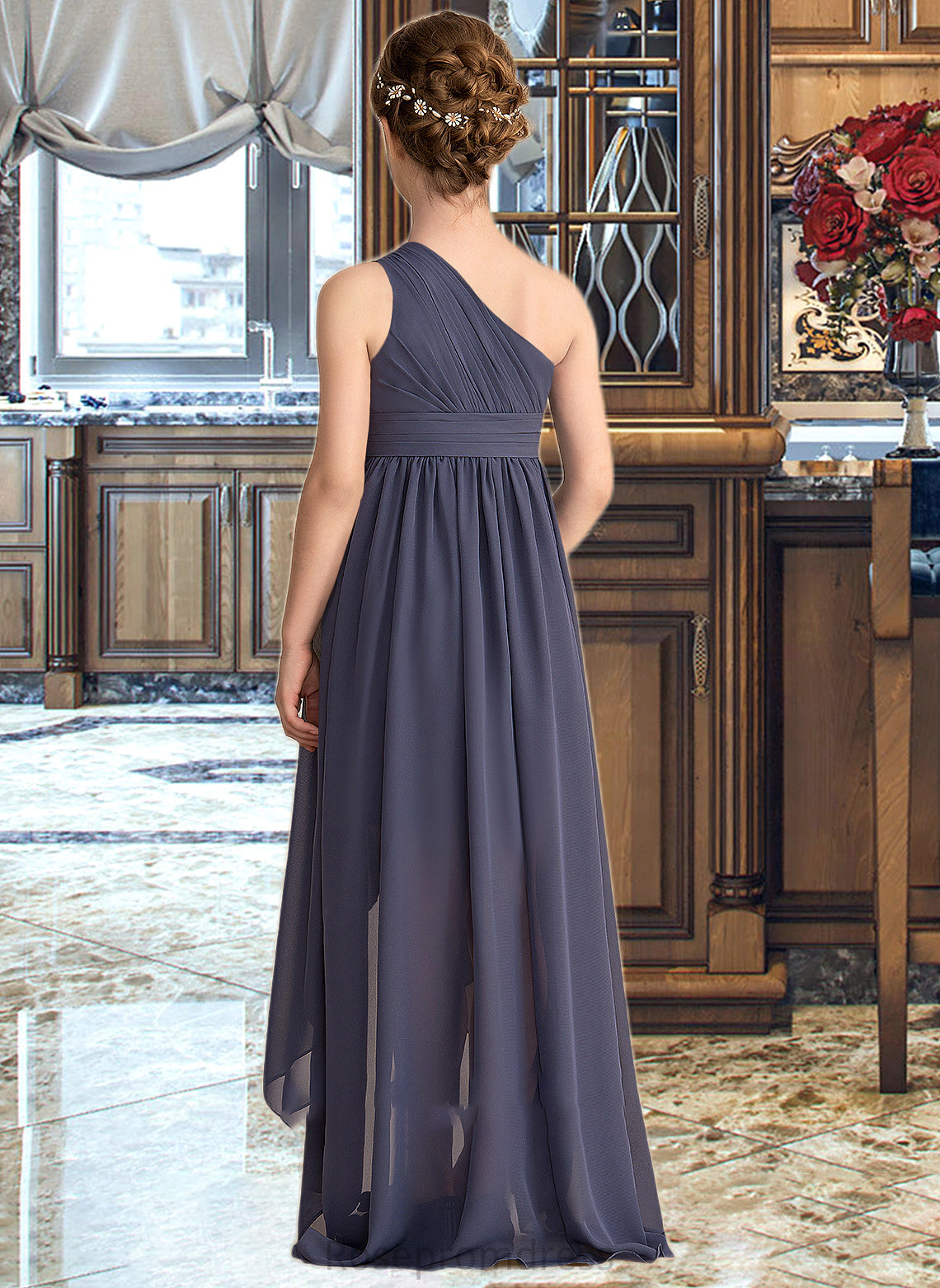 Adalynn A-Line One-Shoulder Asymmetrical Chiffon Junior Bridesmaid Dress With Ruffle SRSP0013489