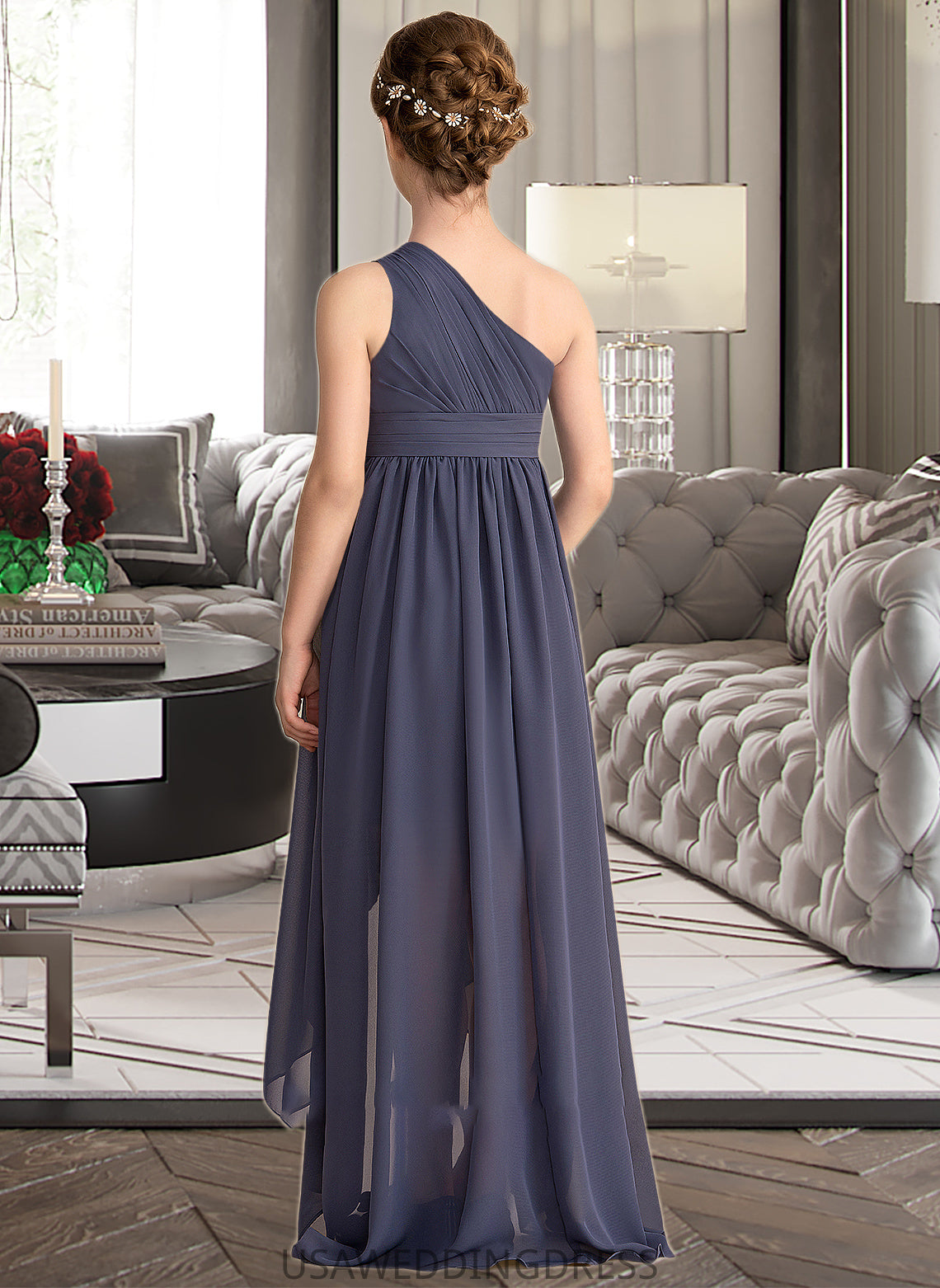 Meredith A-Line One-Shoulder Asymmetrical Chiffon Junior Bridesmaid Dress With Ruffle DSP0013489