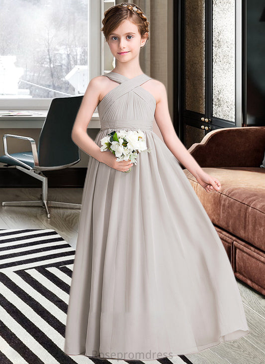 Sloane A-Line V-neck Floor-Length Chiffon Junior Bridesmaid Dress With Ruffle Bow(s) SRSP0013491