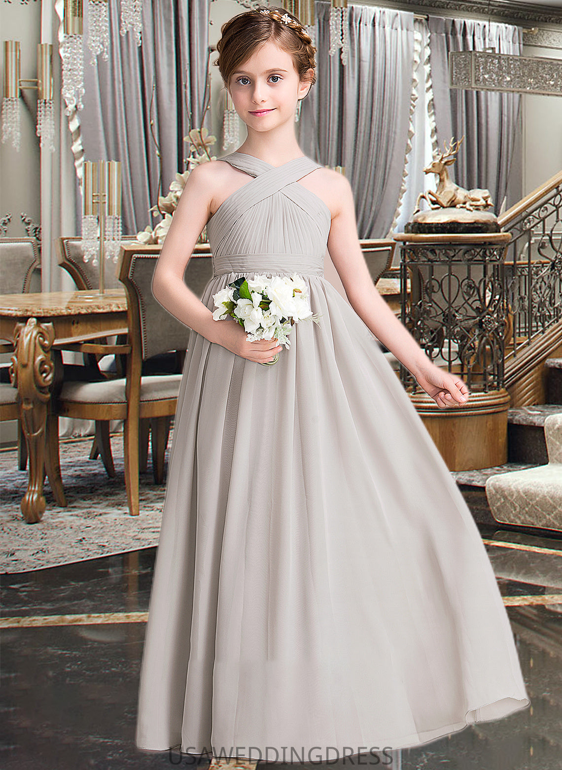 Kiera A-Line V-neck Floor-Length Chiffon Junior Bridesmaid Dress With Ruffle Bow(s) DSP0013491