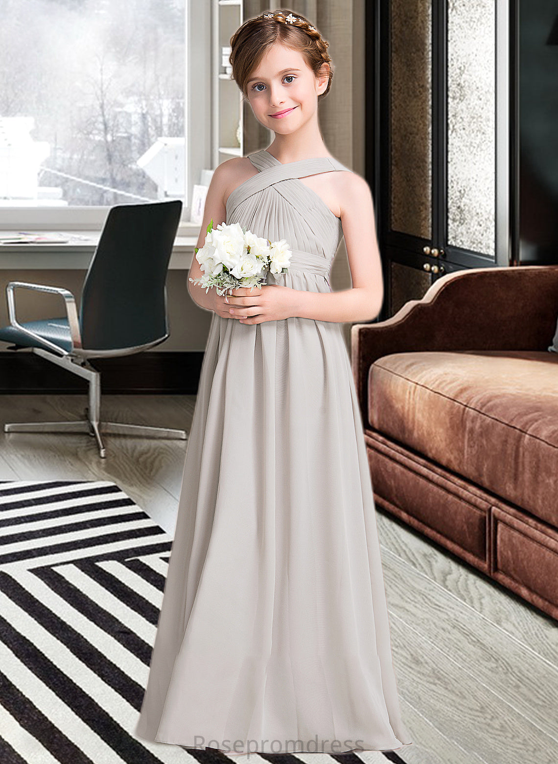 Sloane A-Line V-neck Floor-Length Chiffon Junior Bridesmaid Dress With Ruffle Bow(s) SRSP0013491