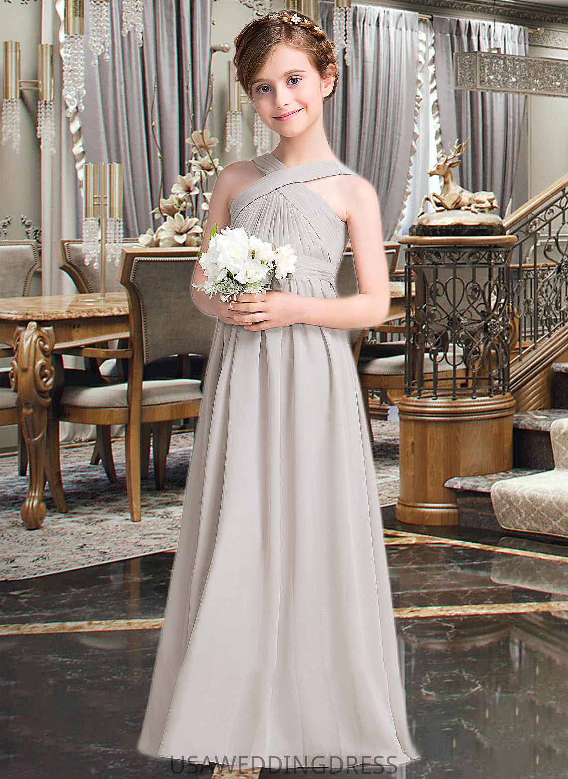 Kiera A-Line V-neck Floor-Length Chiffon Junior Bridesmaid Dress With Ruffle Bow(s) DSP0013491