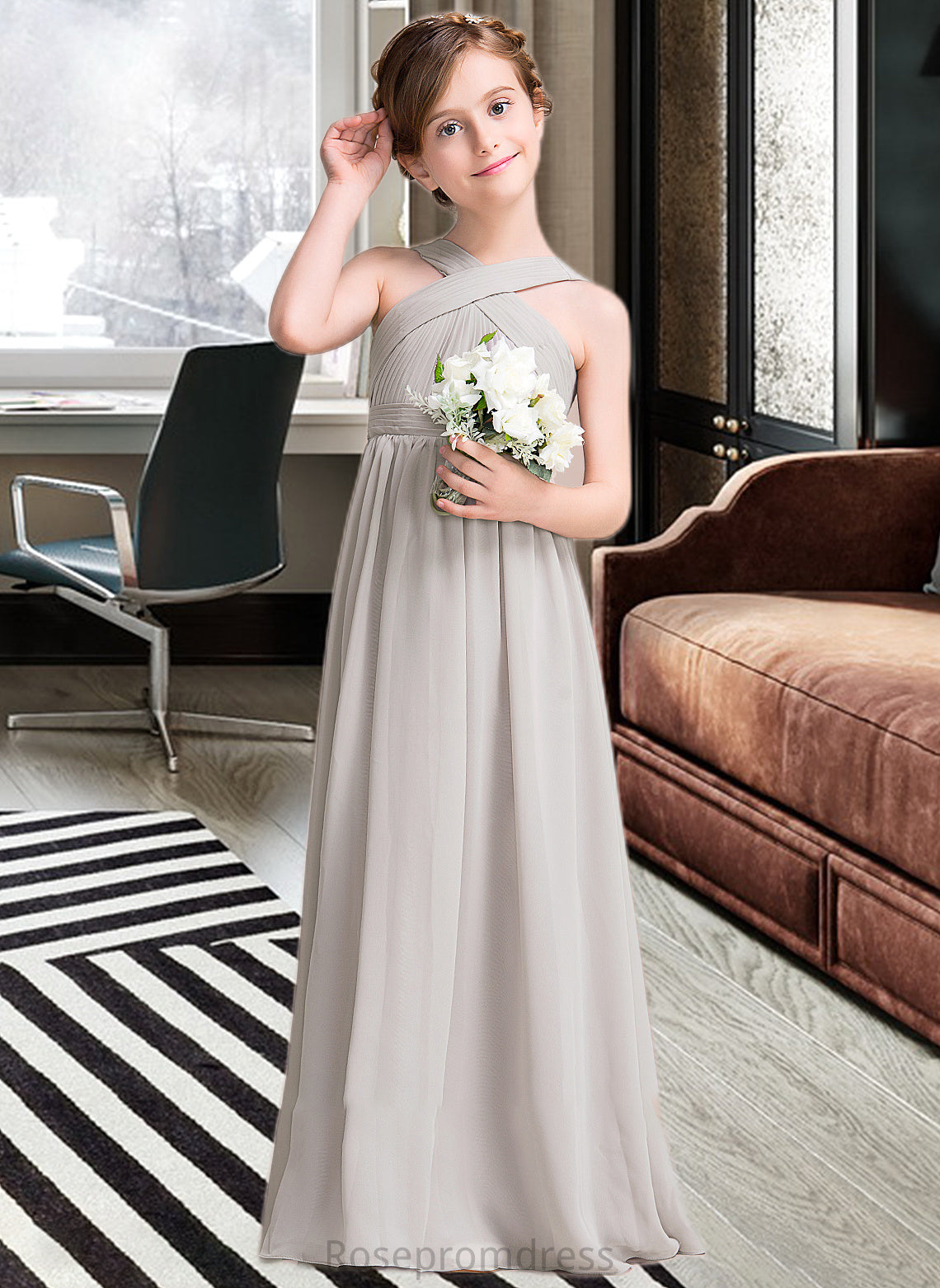 Sloane A-Line V-neck Floor-Length Chiffon Junior Bridesmaid Dress With Ruffle Bow(s) SRSP0013491