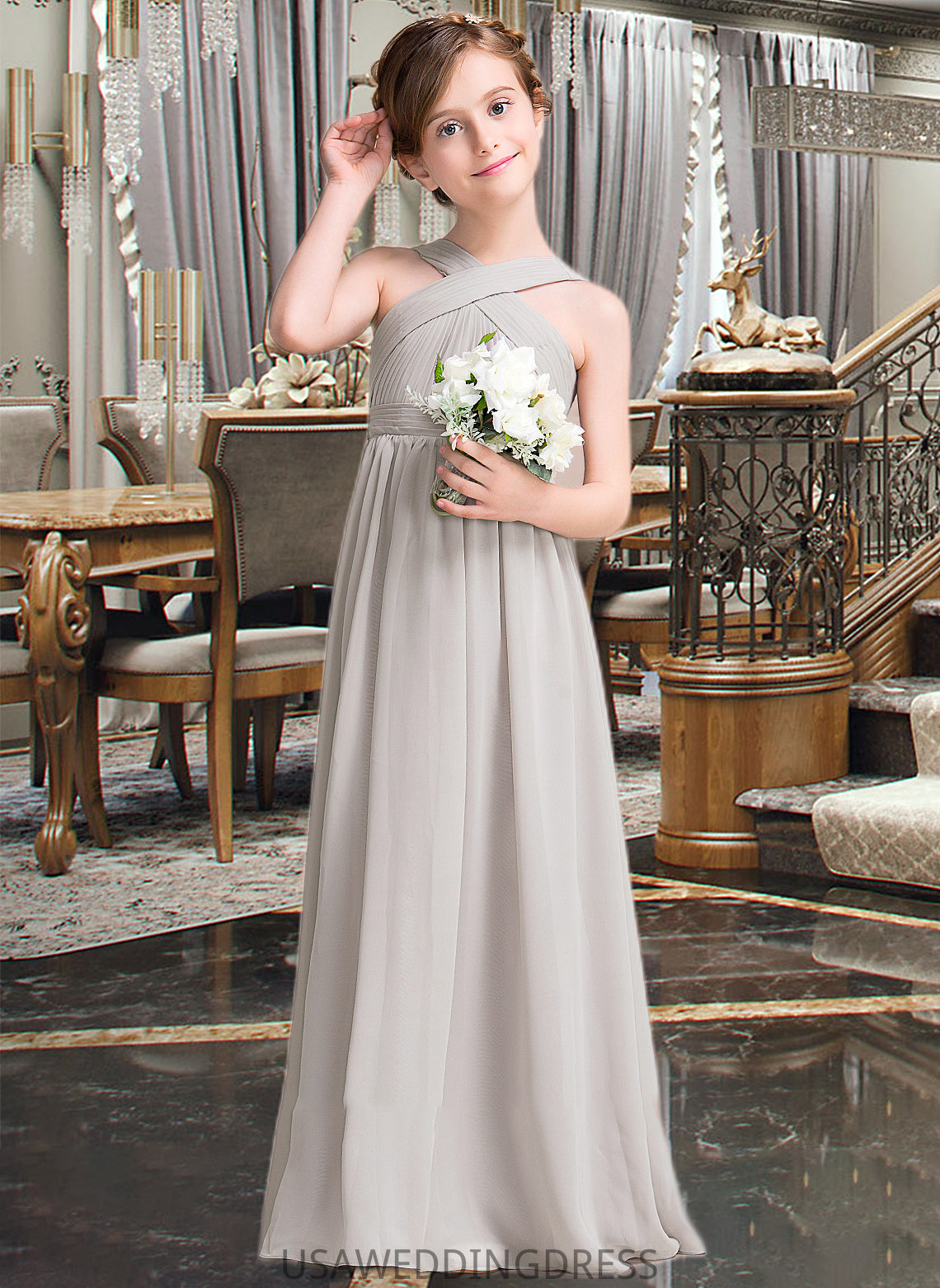 Kiera A-Line V-neck Floor-Length Chiffon Junior Bridesmaid Dress With Ruffle Bow(s) DSP0013491