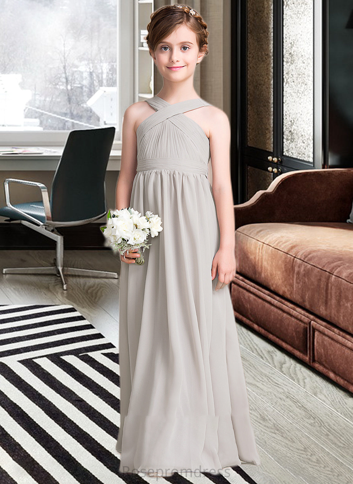 Sloane A-Line V-neck Floor-Length Chiffon Junior Bridesmaid Dress With Ruffle Bow(s) SRSP0013491