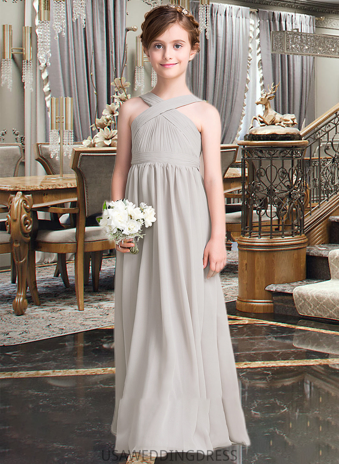 Kiera A-Line V-neck Floor-Length Chiffon Junior Bridesmaid Dress With Ruffle Bow(s) DSP0013491