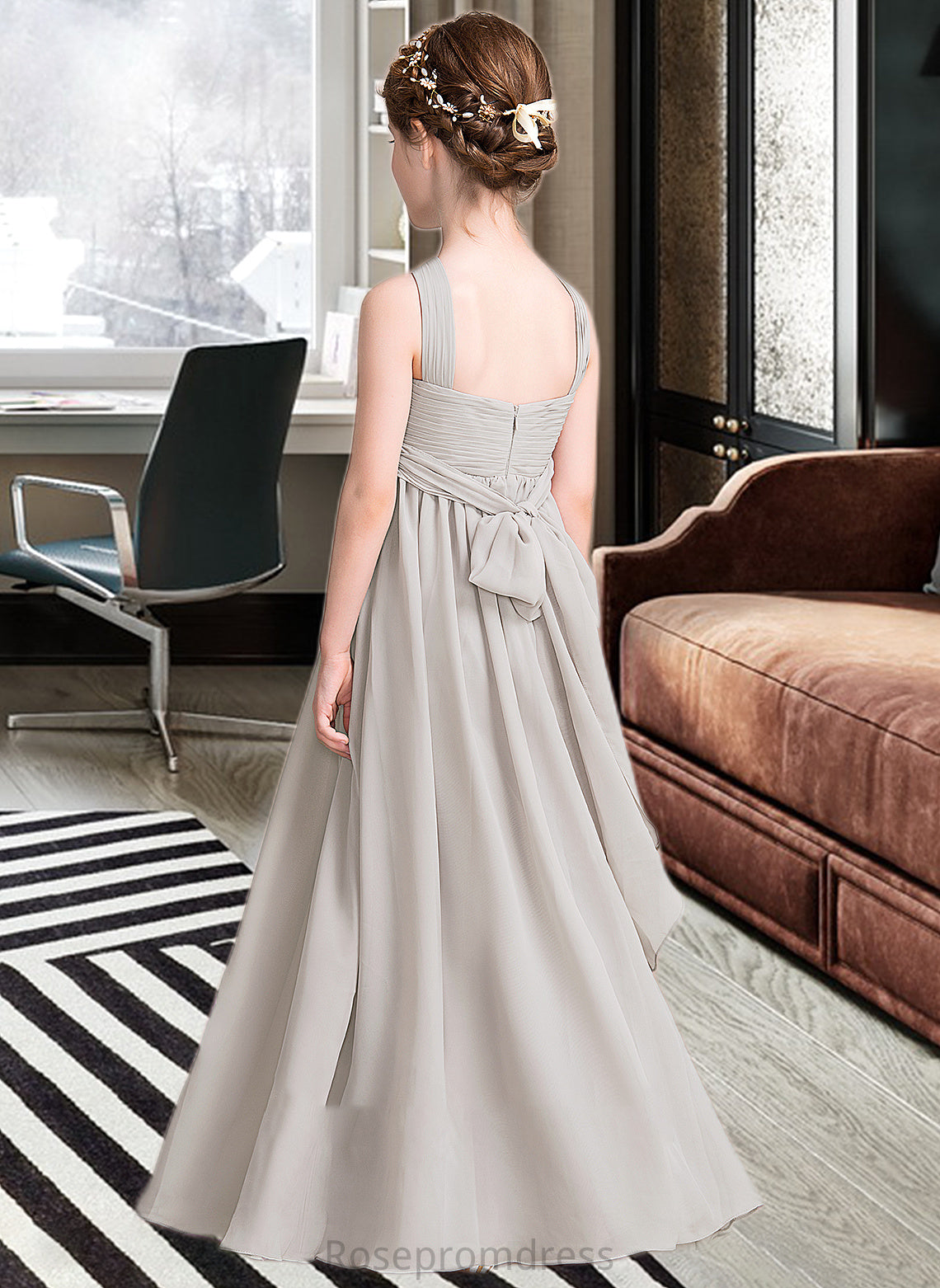 Sloane A-Line V-neck Floor-Length Chiffon Junior Bridesmaid Dress With Ruffle Bow(s) SRSP0013491