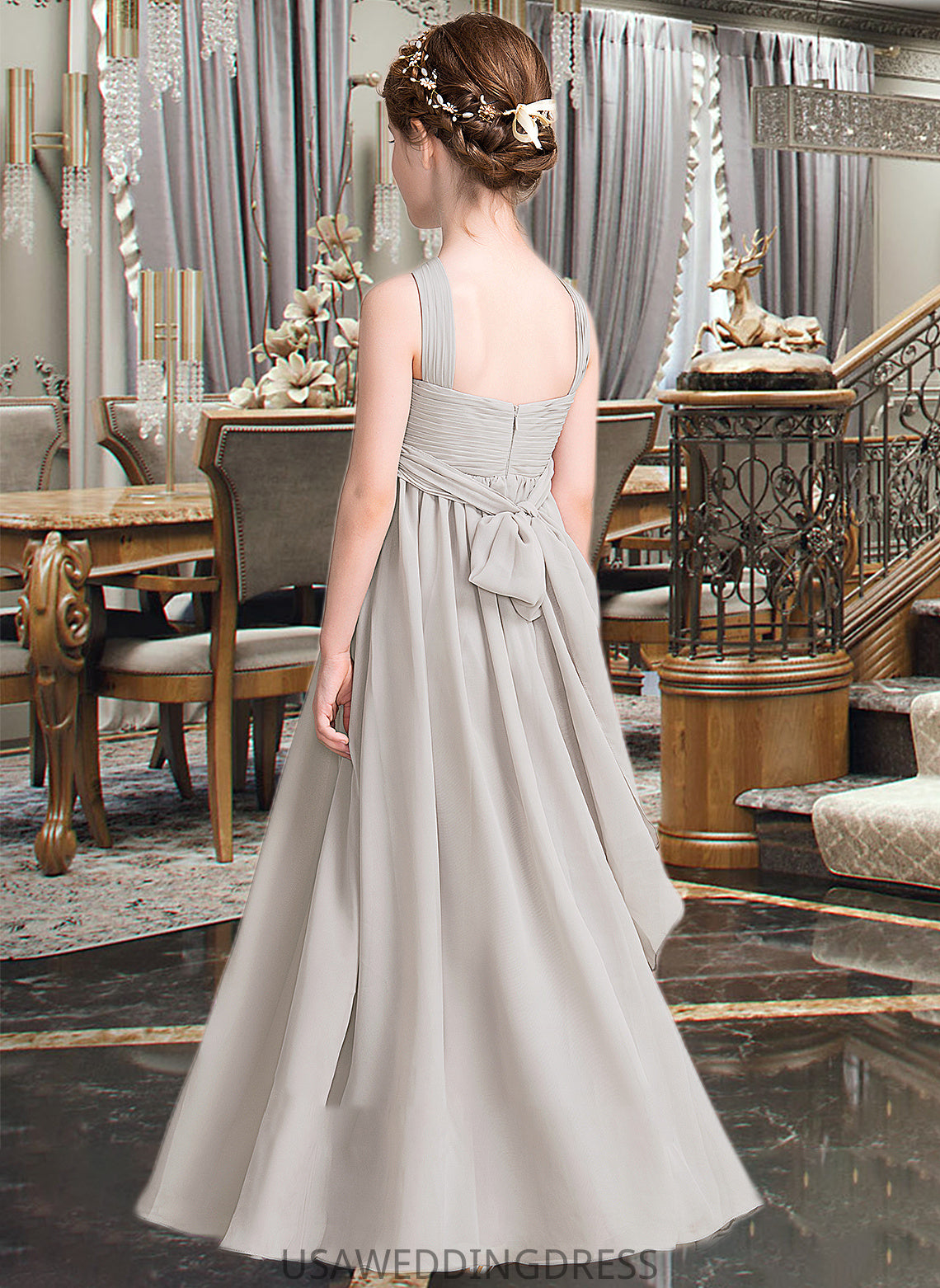 Kiera A-Line V-neck Floor-Length Chiffon Junior Bridesmaid Dress With Ruffle Bow(s) DSP0013491