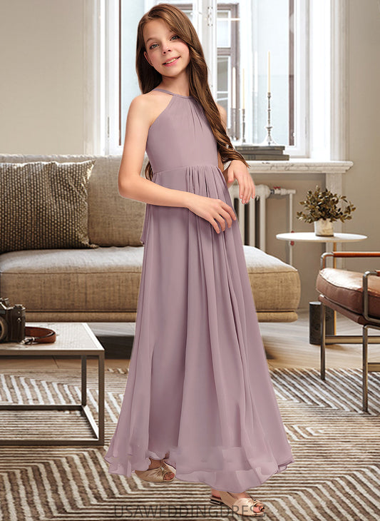 Carolina A-Line Scoop Neck Floor-Length Chiffon Junior Bridesmaid Dress With Cascading Ruffles DSP0013492