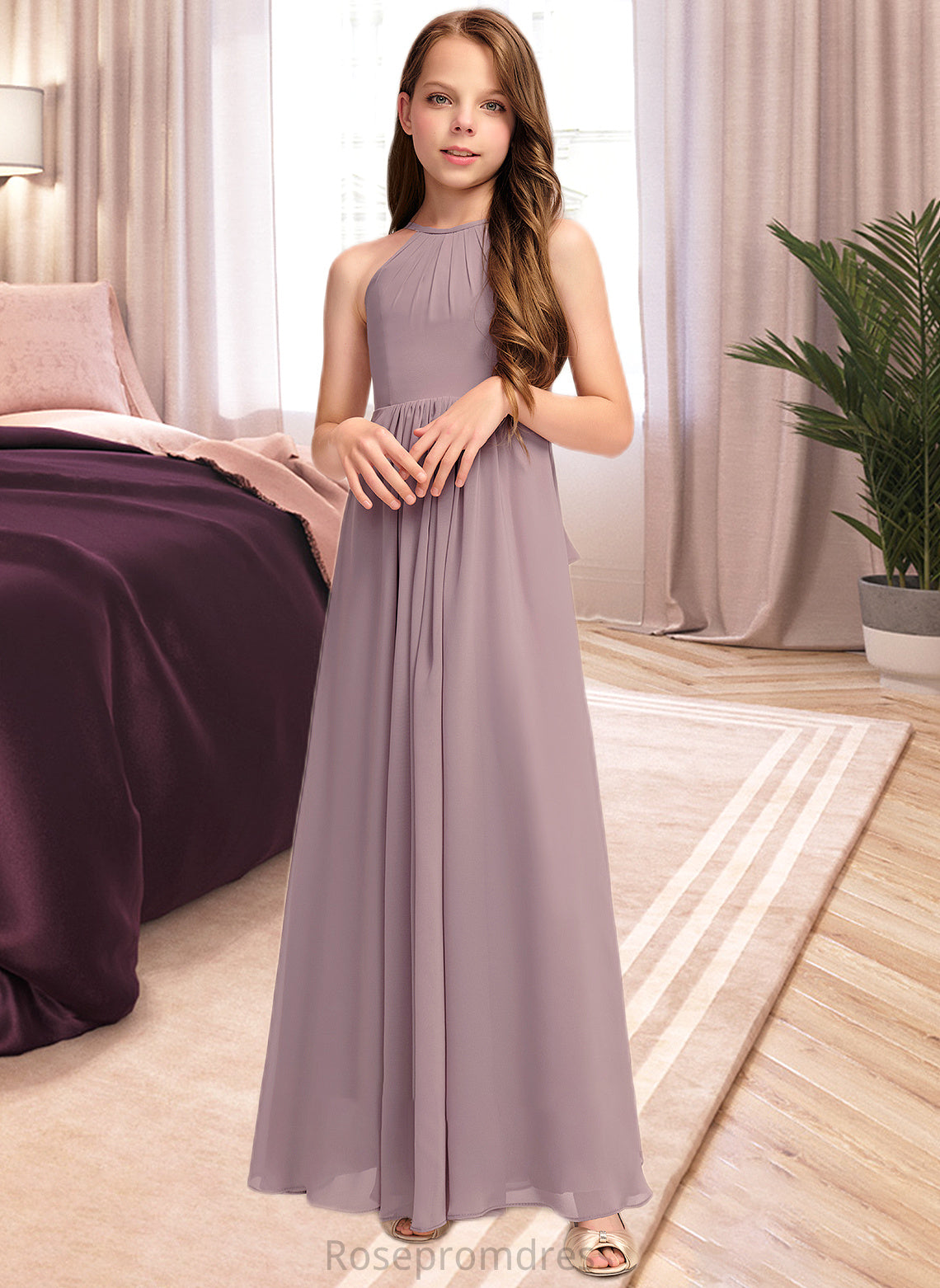 Meadow A-Line Scoop Neck Floor-Length Chiffon Junior Bridesmaid Dress With Cascading Ruffles SRSP0013492