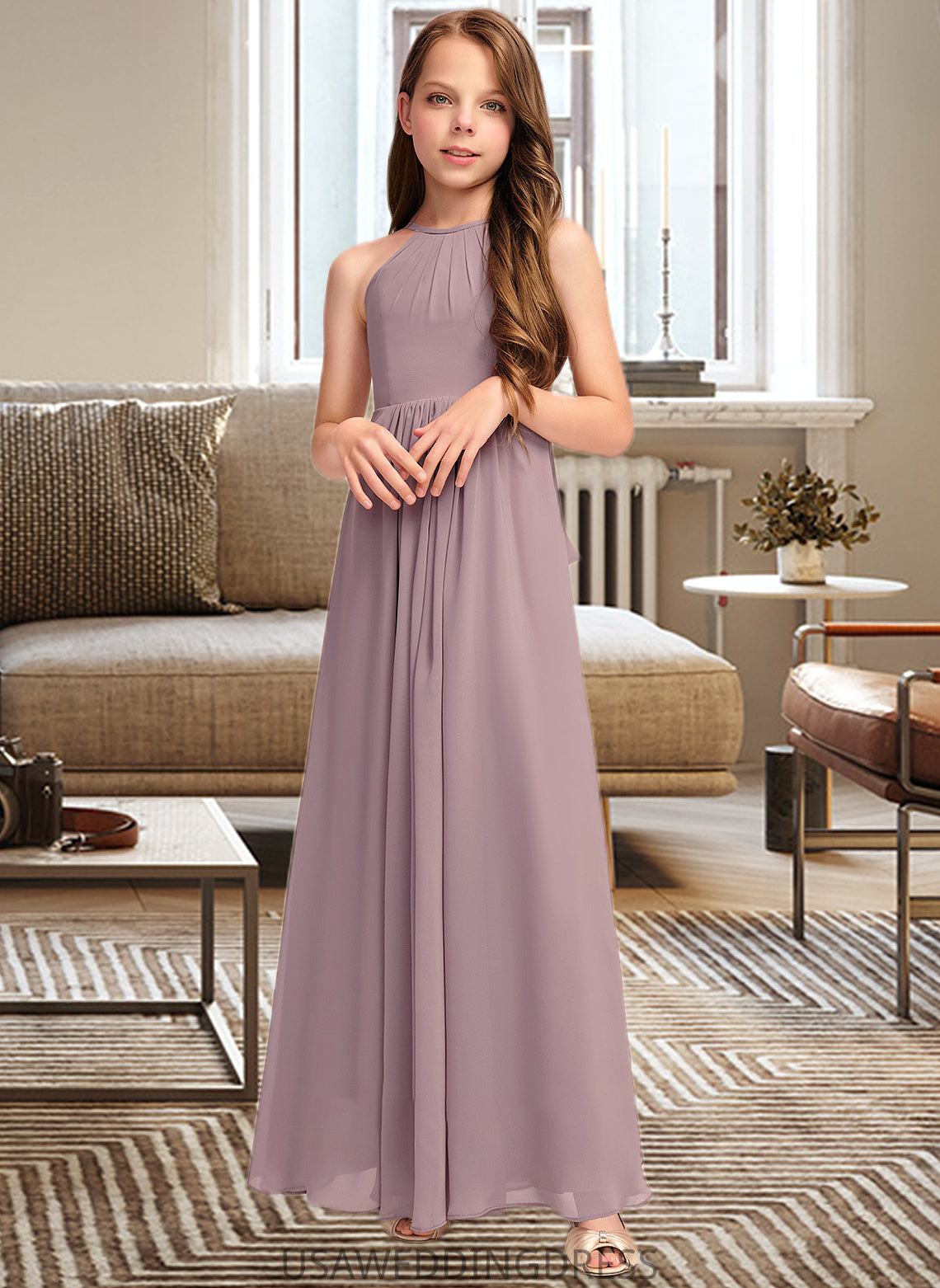 Carolina A-Line Scoop Neck Floor-Length Chiffon Junior Bridesmaid Dress With Cascading Ruffles DSP0013492