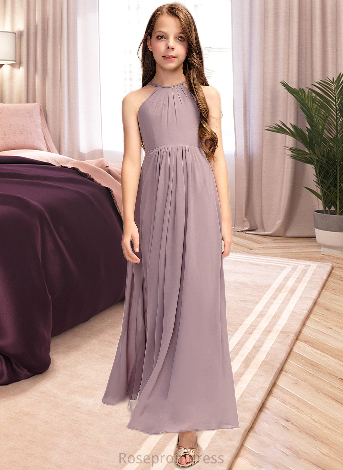 Meadow A-Line Scoop Neck Floor-Length Chiffon Junior Bridesmaid Dress With Cascading Ruffles SRSP0013492