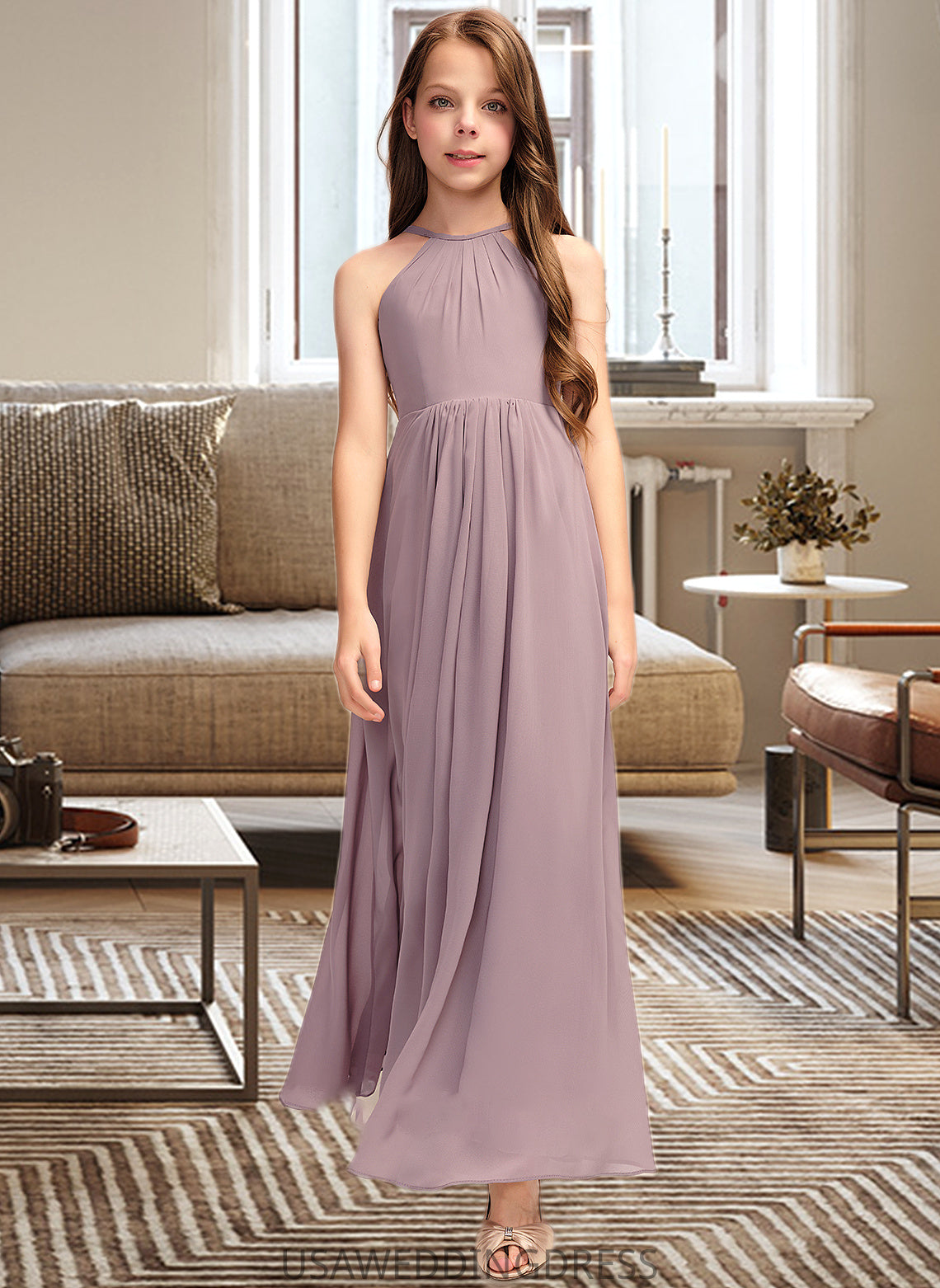 Carolina A-Line Scoop Neck Floor-Length Chiffon Junior Bridesmaid Dress With Cascading Ruffles DSP0013492