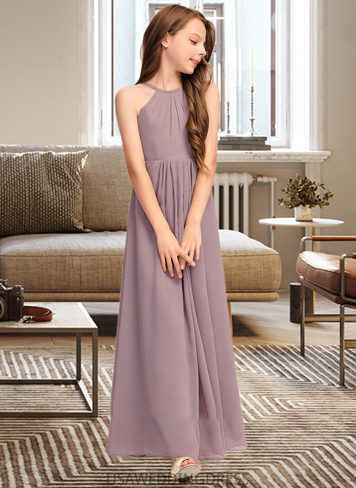 Carolina A-Line Scoop Neck Floor-Length Chiffon Junior Bridesmaid Dress With Cascading Ruffles DSP0013492